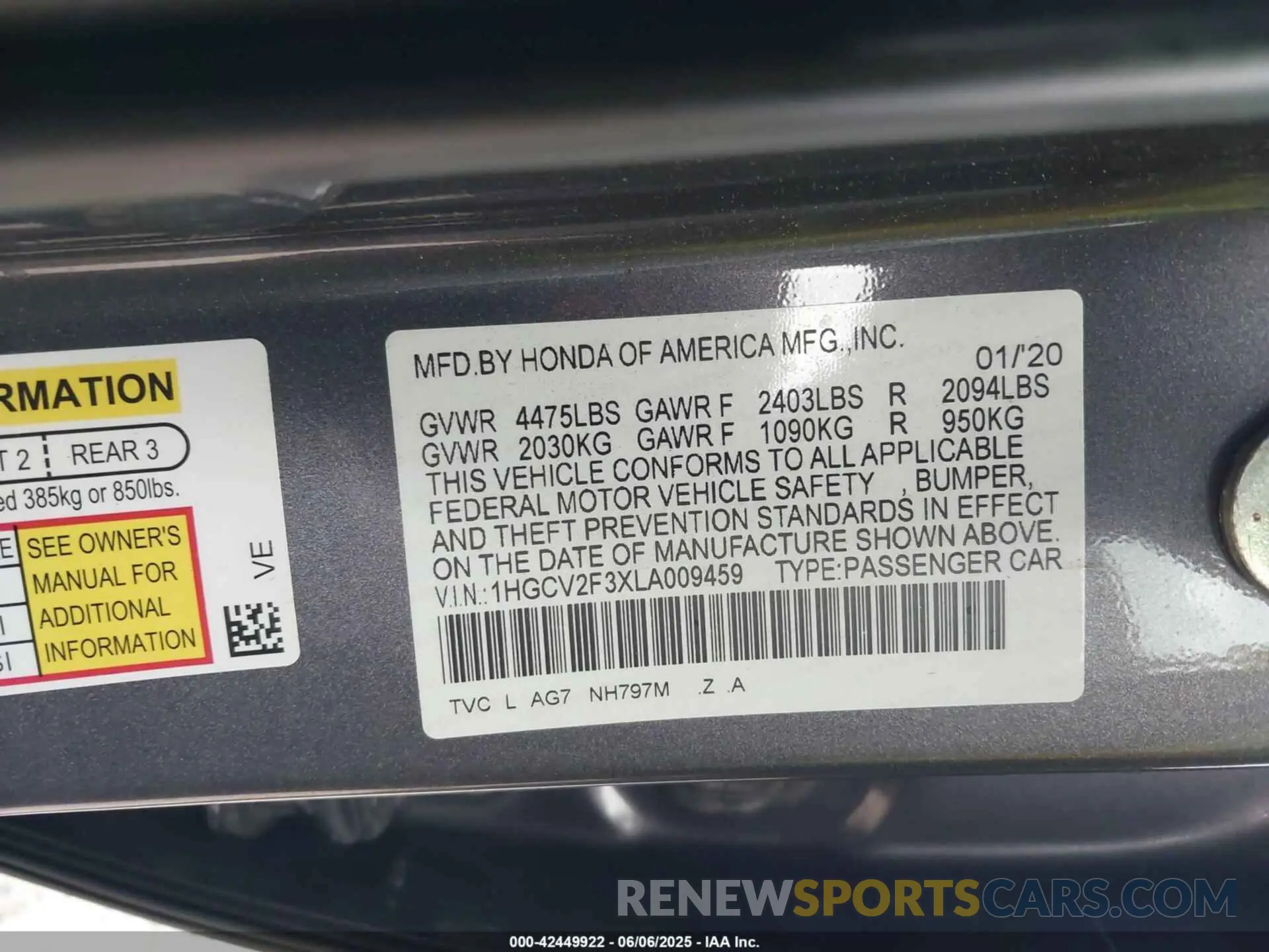 9 Photograph of a damaged car 1HGCV2F3XLA009459 HONDA ACCORD 2020