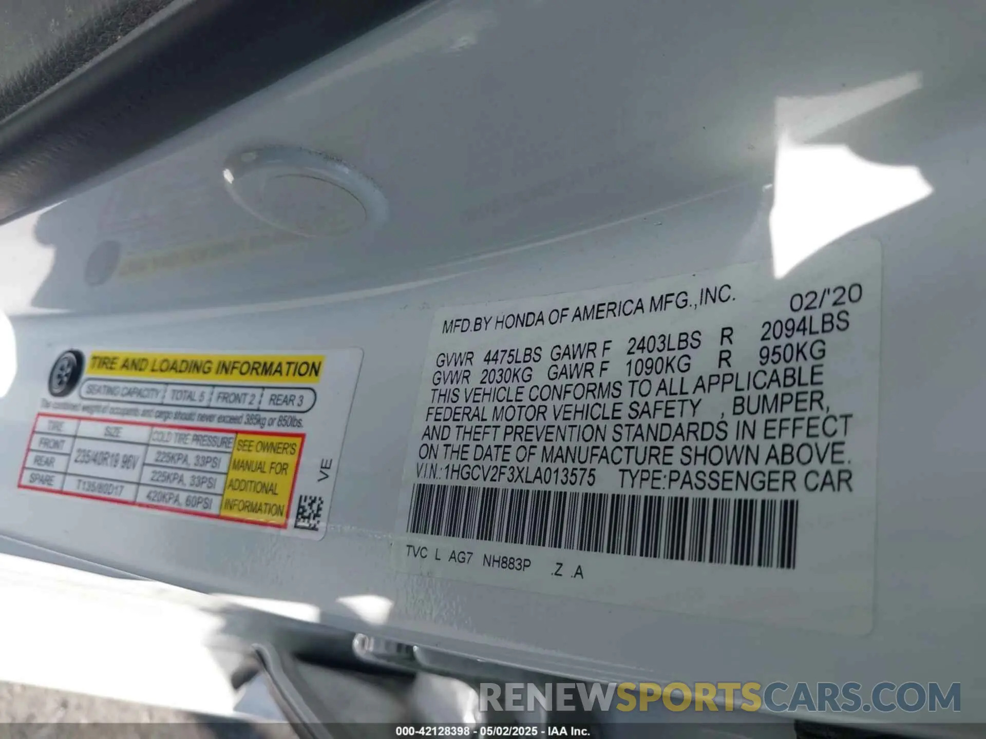 9 Photograph of a damaged car 1HGCV2F3XLA013575 HONDA ACCORD 2020