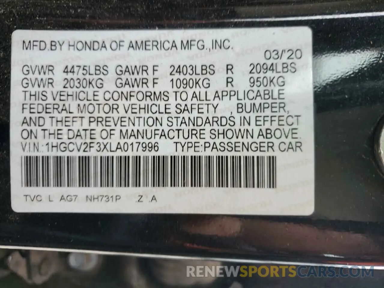 15 Photograph of a damaged car 1HGCV2F3XLA017996 HONDA ACCORD 2020