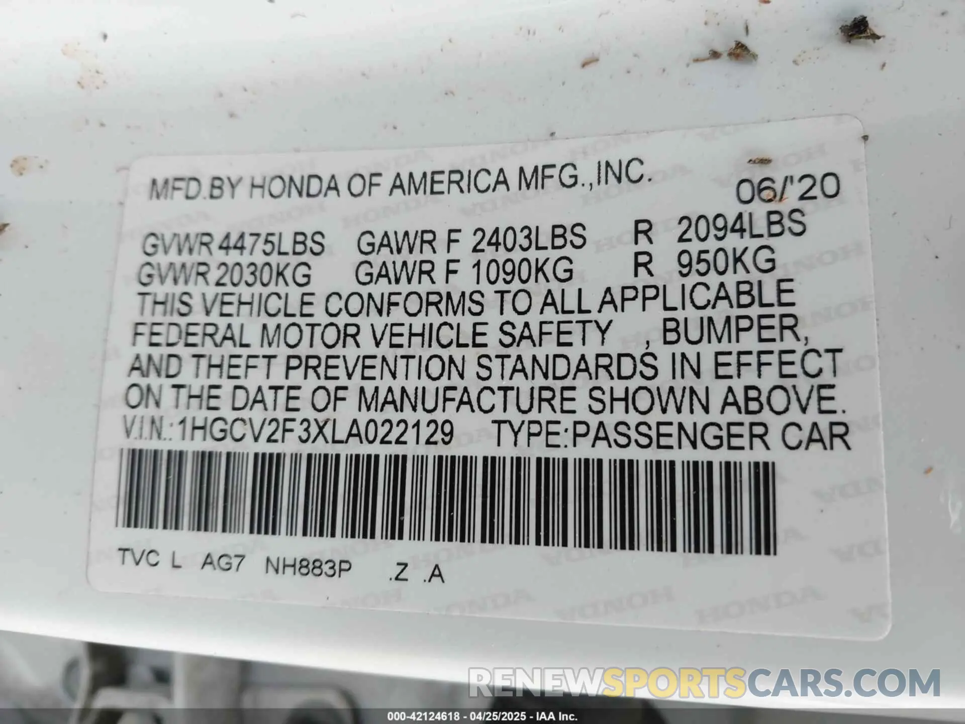 9 Photograph of a damaged car 1HGCV2F3XLA022129 HONDA ACCORD 2020