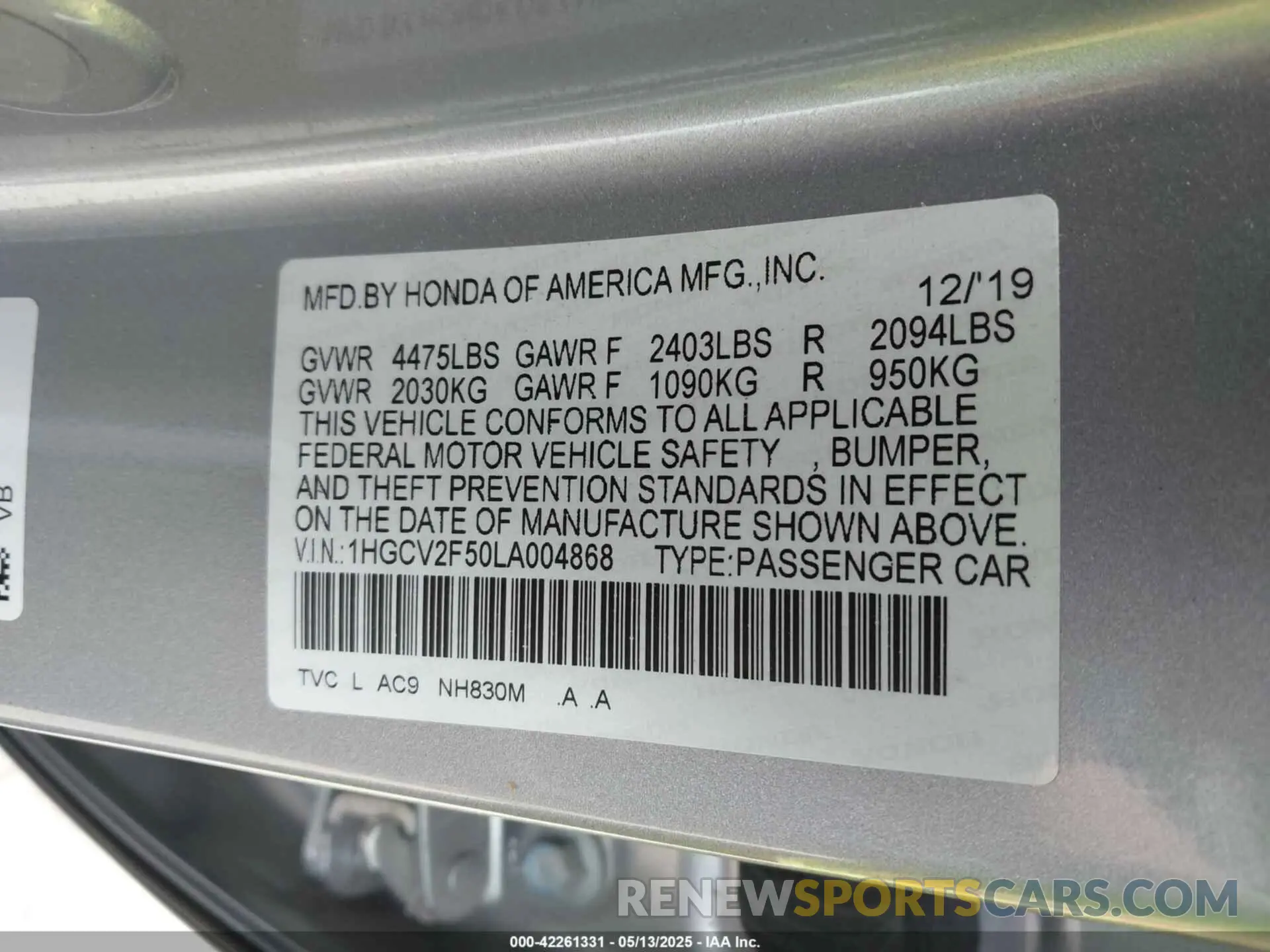 9 Photograph of a damaged car 1HGCV2F50LA004868 HONDA ACCORD 2020