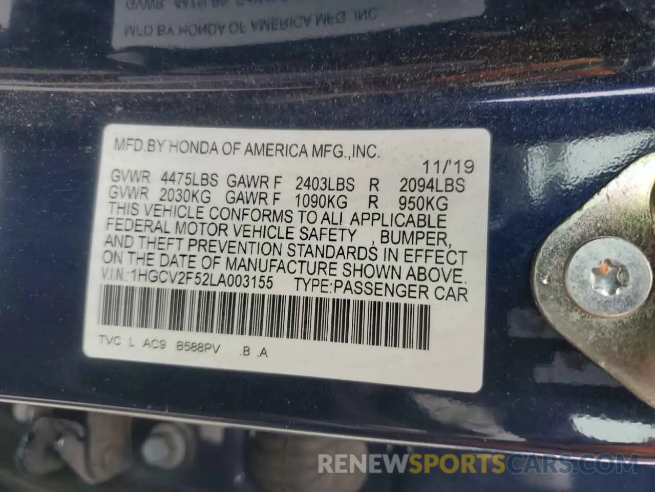 12 Photograph of a damaged car 1HGCV2F52LA003155 HONDA ACCORD 2020