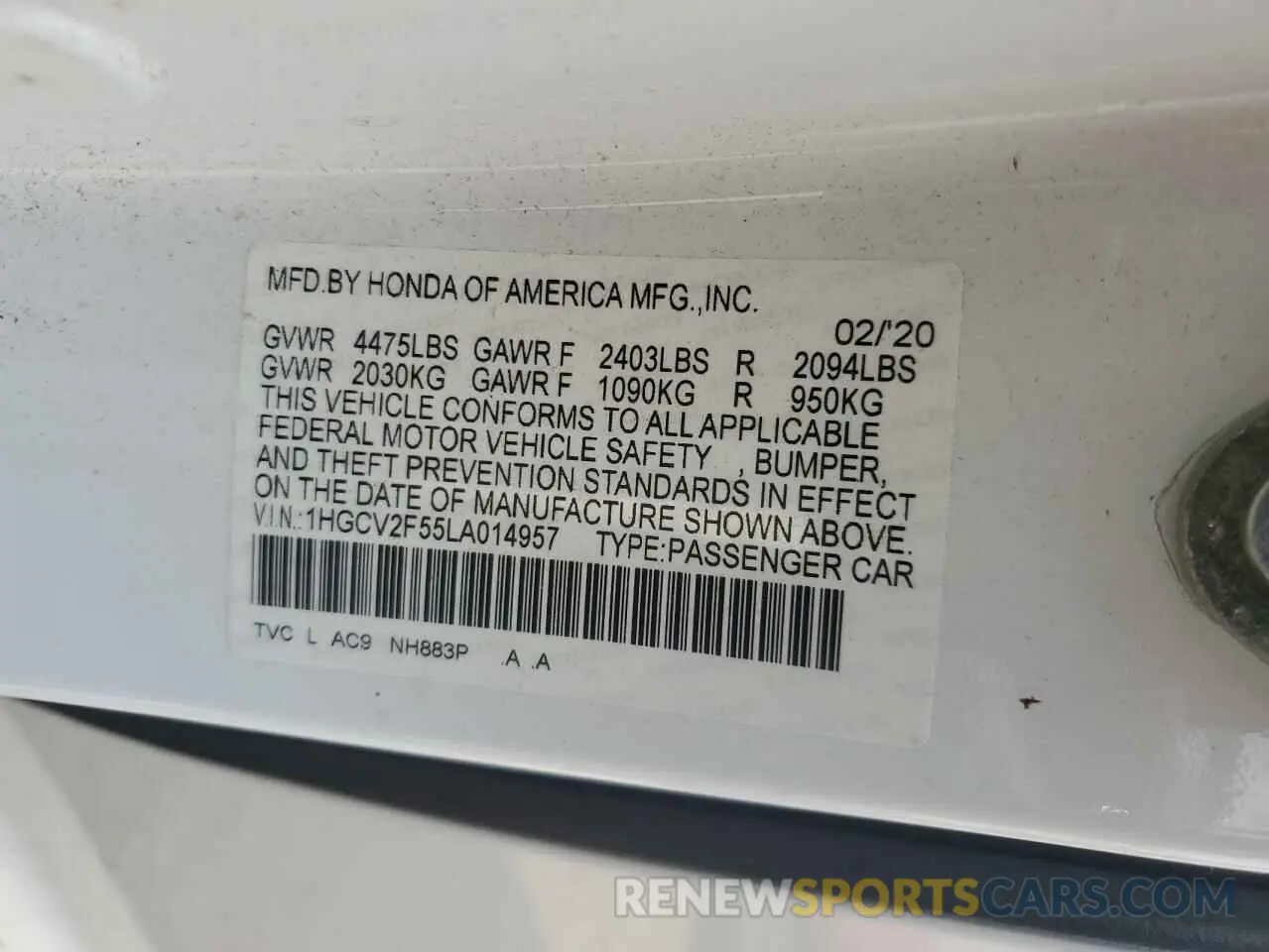 13 Photograph of a damaged car 1HGCV2F55LA014957 HONDA ACCORD 2020