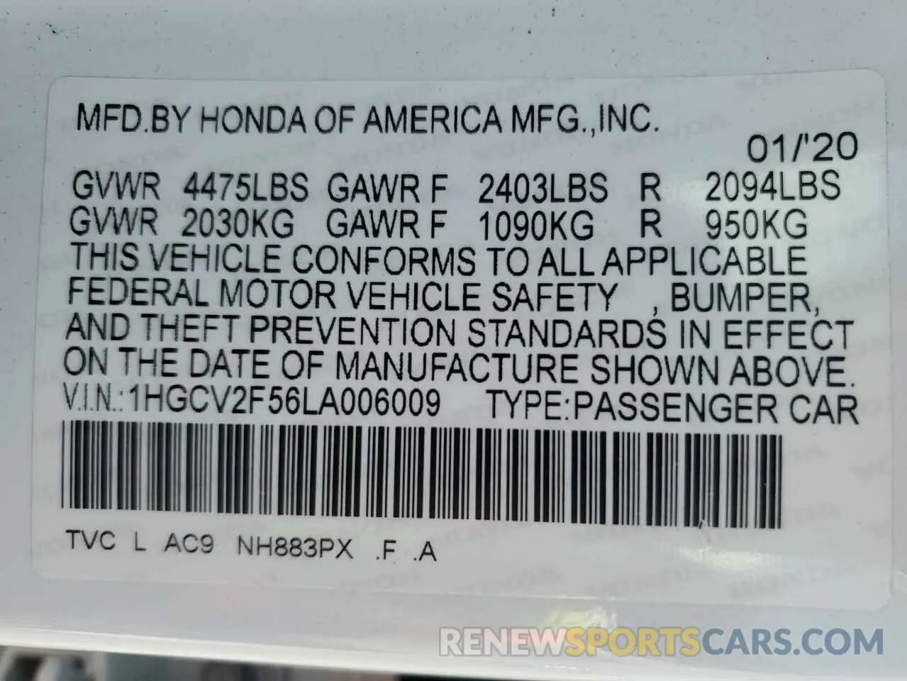 15 Photograph of a damaged car 1HGCV2F56LA006009 HONDA ACCORD 2020