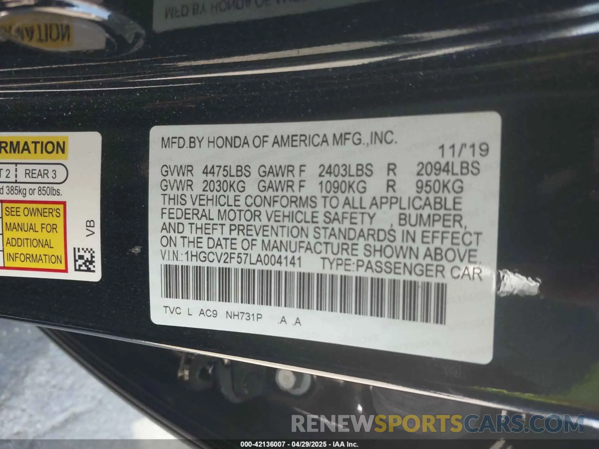 9 Photograph of a damaged car 1HGCV2F57LA004141 HONDA ACCORD 2020