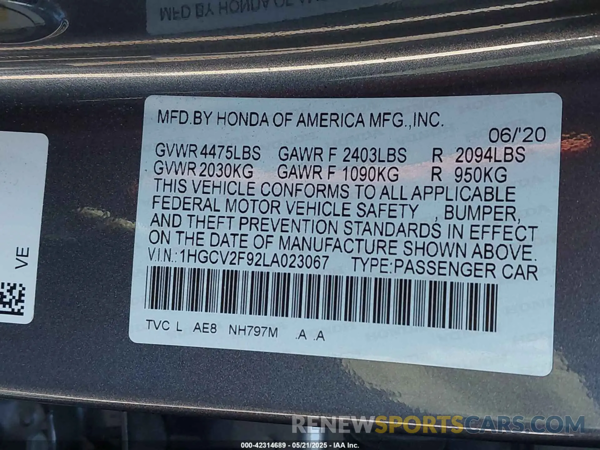 9 Photograph of a damaged car 1HGCV2F92LA023067 HONDA ACCORD 2020