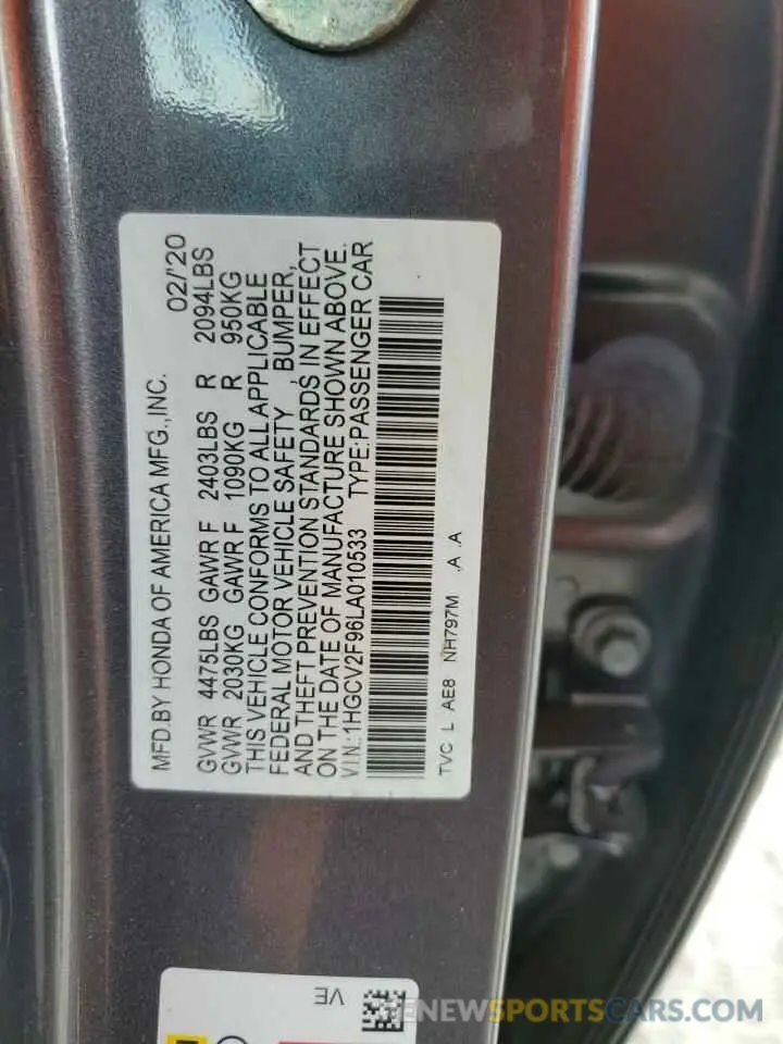 13 Photograph of a damaged car 1HGCV2F96LA010533 HONDA ACCORD 2020