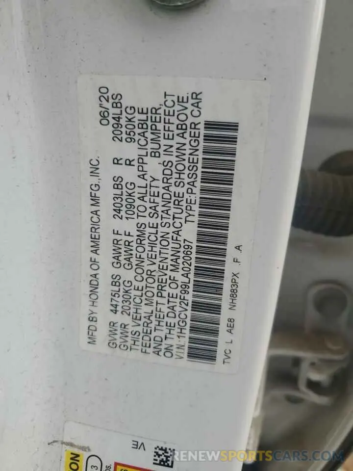 12 Photograph of a damaged car 1HGCV2F99LA020697 HONDA ACCORD 2020