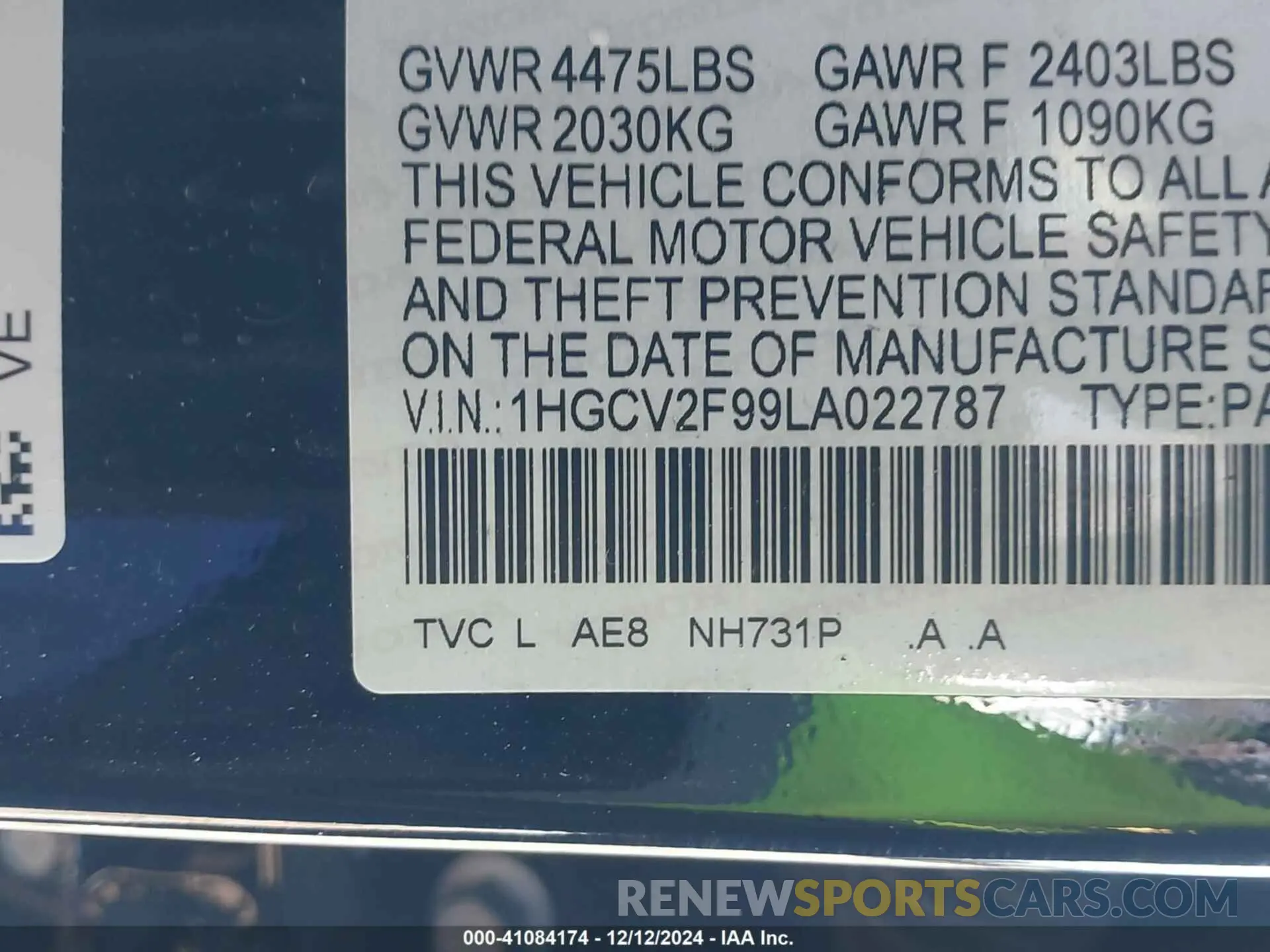 9 Photograph of a damaged car 1HGCV2F99LA022787 HONDA ACCORD 2020