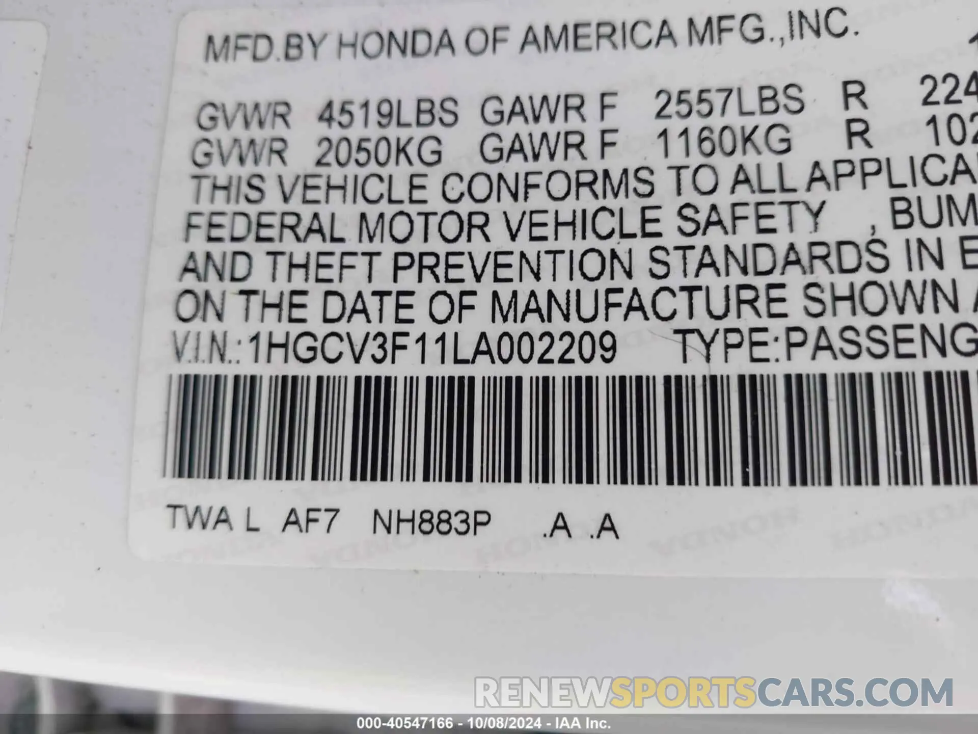 9 Photograph of a damaged car 1HGCV3F11LA002209 HONDA ACCORD 2020