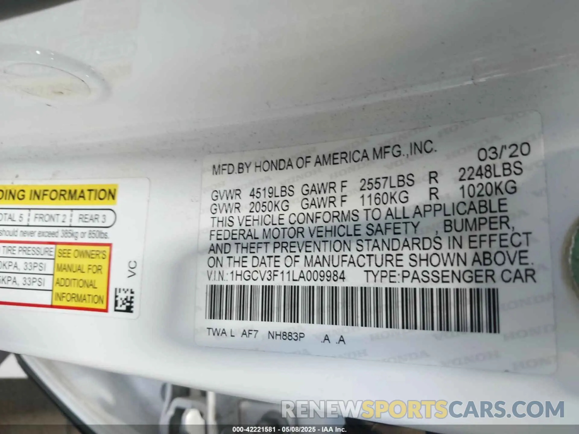 9 Photograph of a damaged car 1HGCV3F11LA009984 HONDA ACCORD 2020