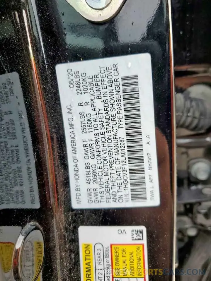12 Photograph of a damaged car 1HGCV3F12LA012067 HONDA ACCORD 2020
