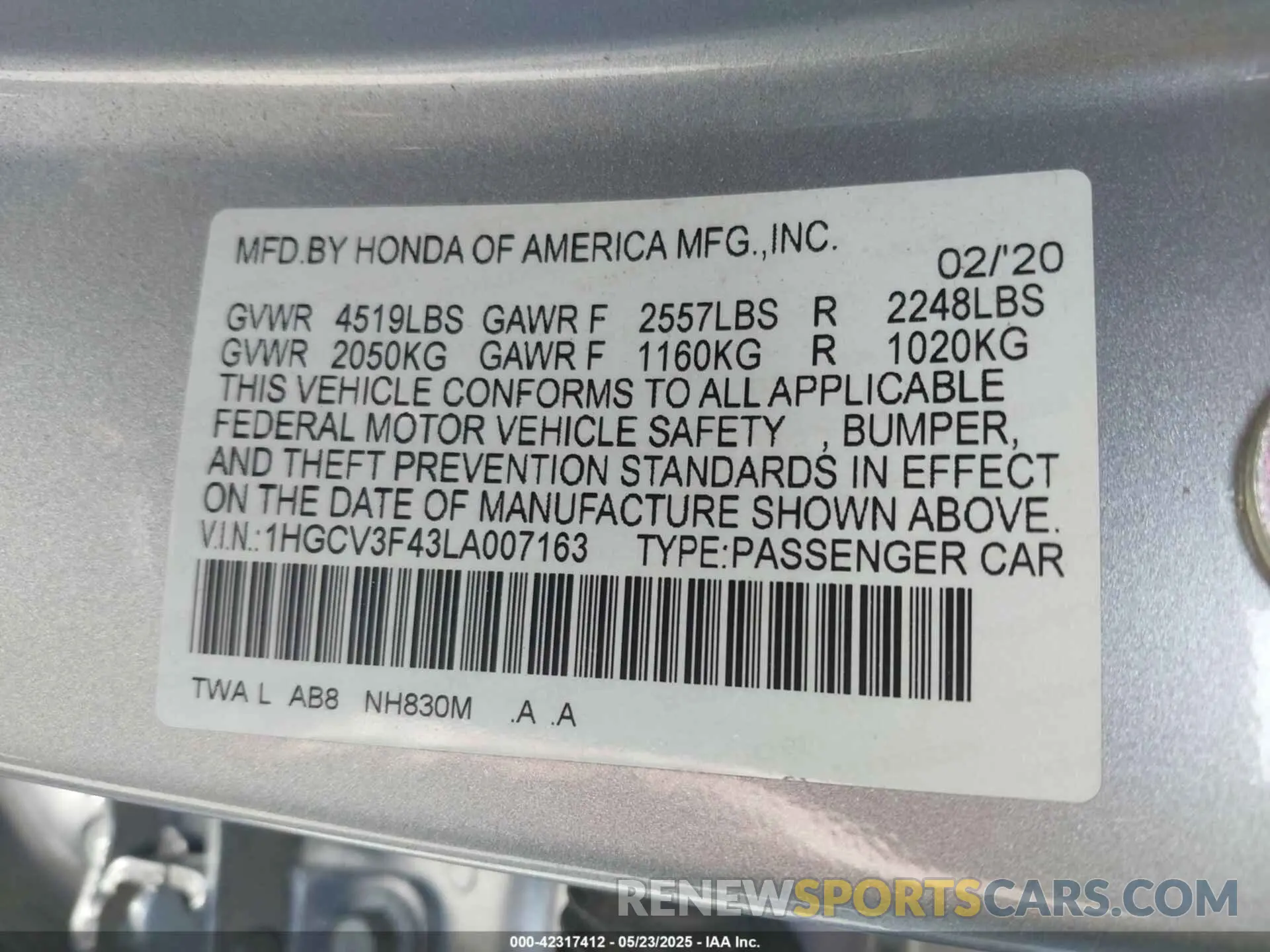 9 Photograph of a damaged car 1HGCV3F43LA007163 HONDA ACCORD 2020