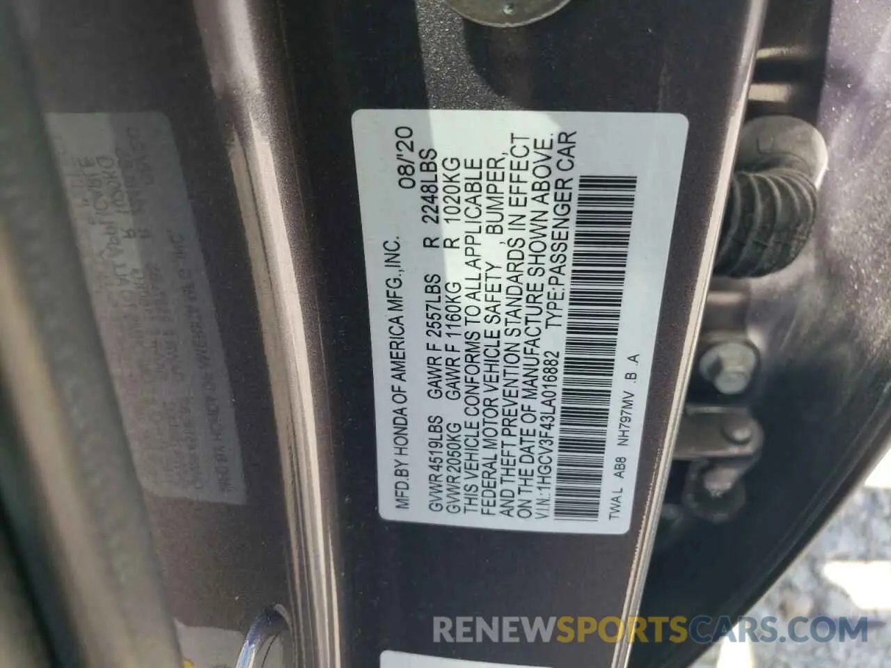 12 Photograph of a damaged car 1HGCV3F43LA016882 HONDA ACCORD 2020