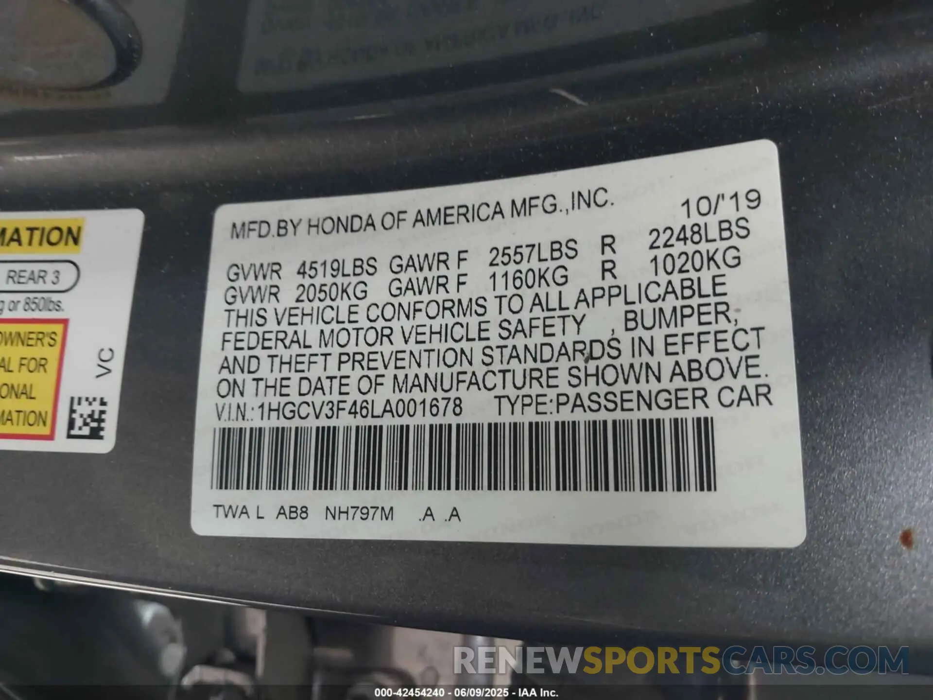 9 Photograph of a damaged car 1HGCV3F46LA001678 HONDA ACCORD 2020