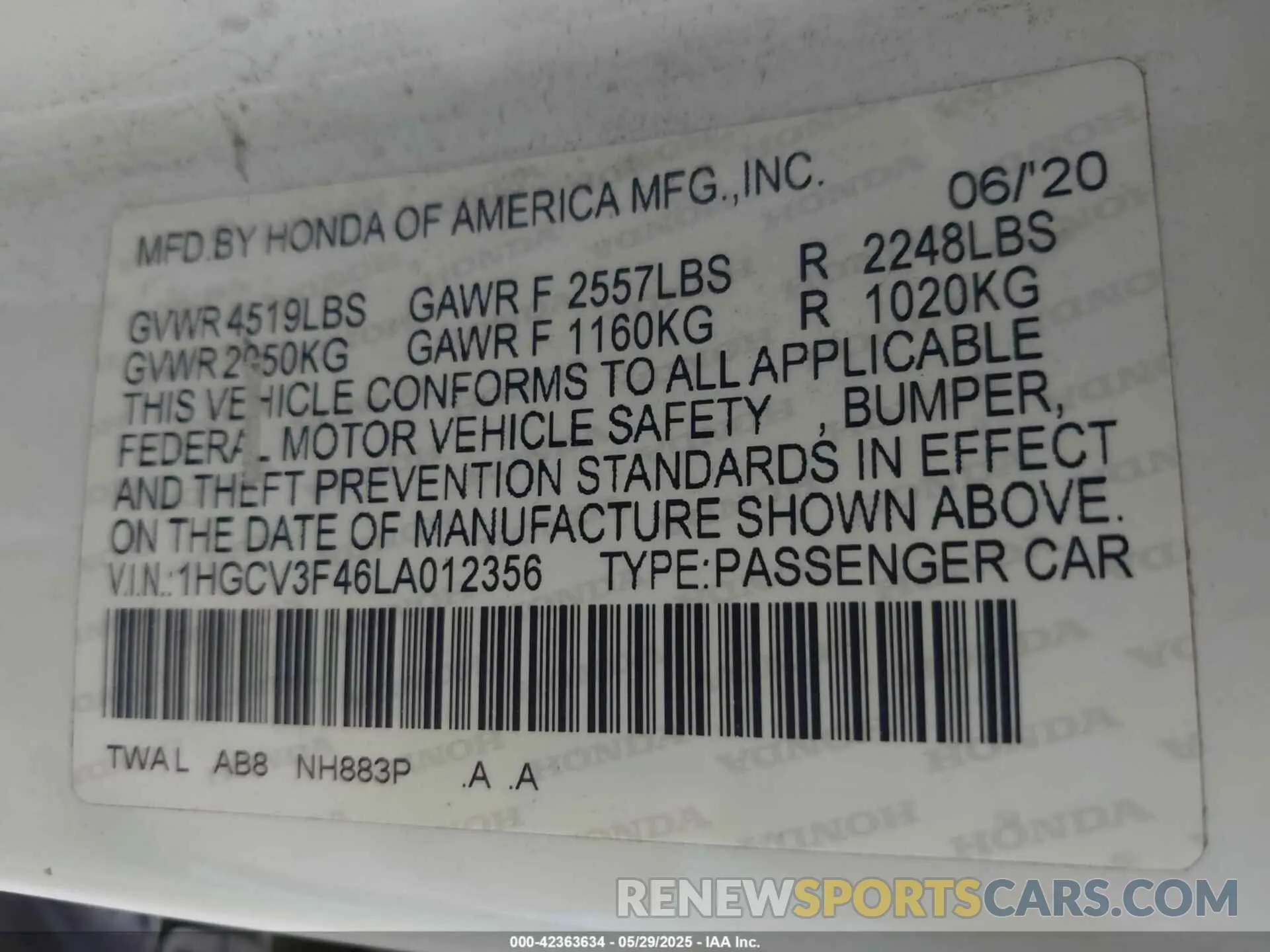 9 Photograph of a damaged car 1HGCV3F46LA012356 HONDA ACCORD 2020