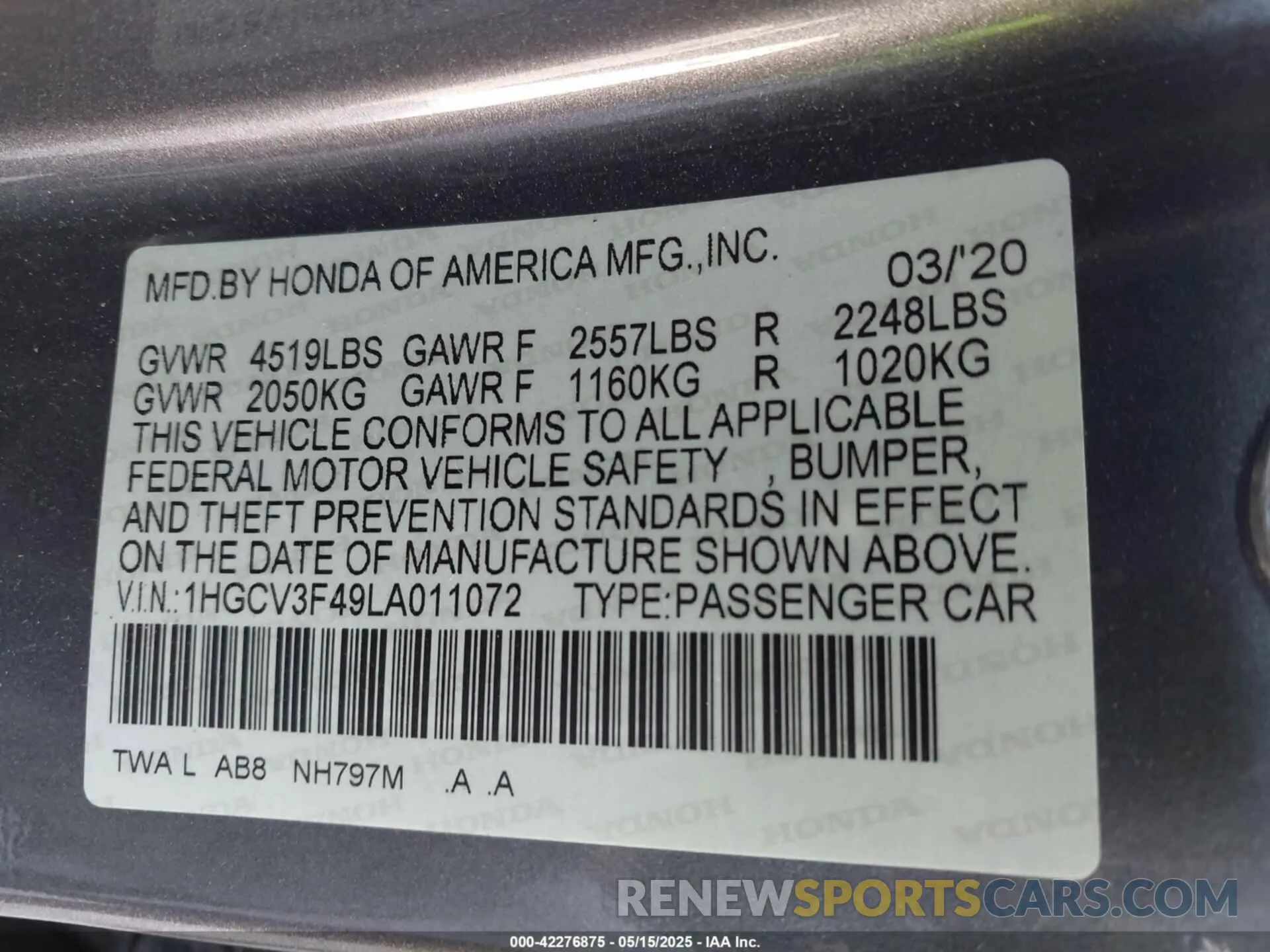 9 Photograph of a damaged car 1HGCV3F49LA011072 HONDA ACCORD 2020