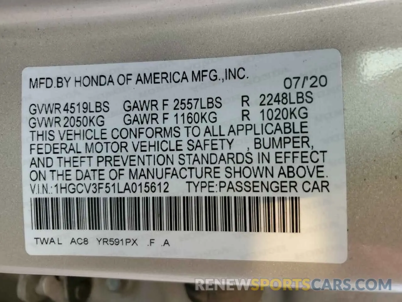 12 Photograph of a damaged car 1HGCV3F51LA015612 HONDA ACCORD 2020