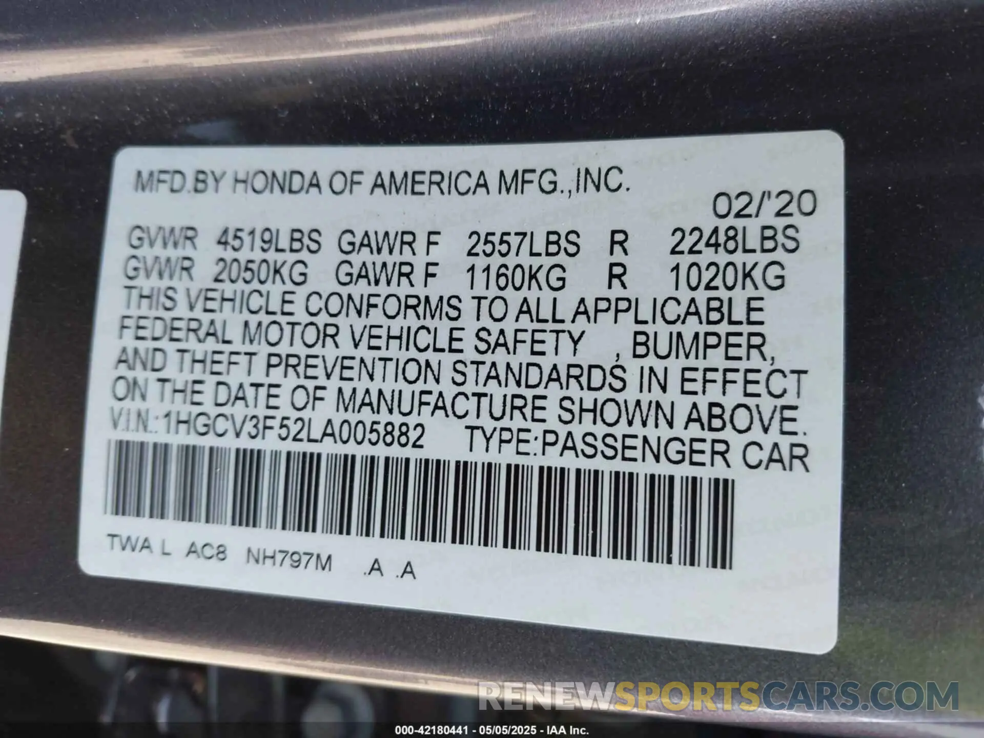 9 Photograph of a damaged car 1HGCV3F52LA005882 HONDA ACCORD 2020