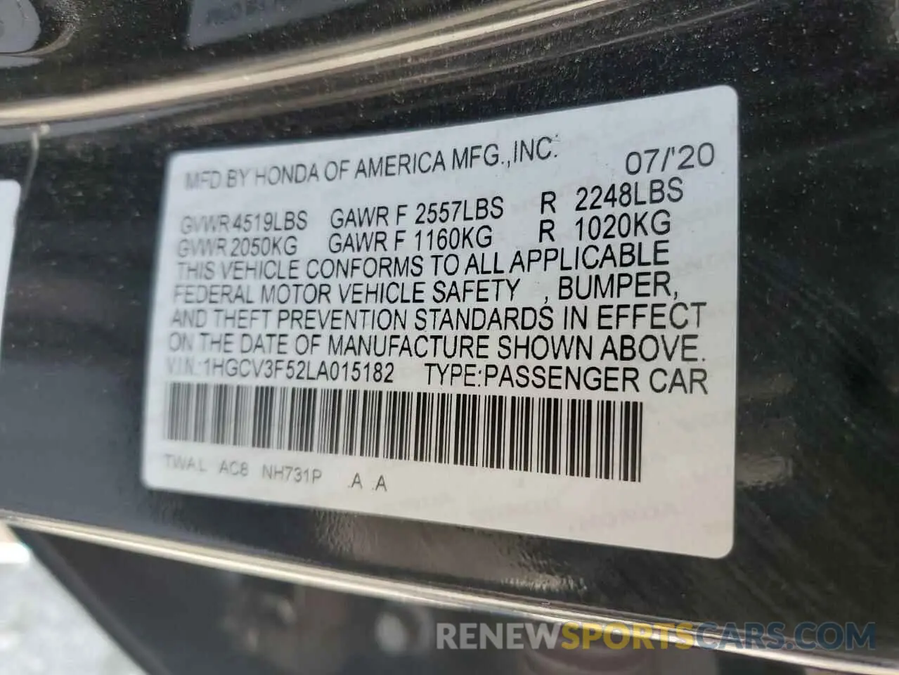 12 Photograph of a damaged car 1HGCV3F52LA015182 HONDA ACCORD 2020