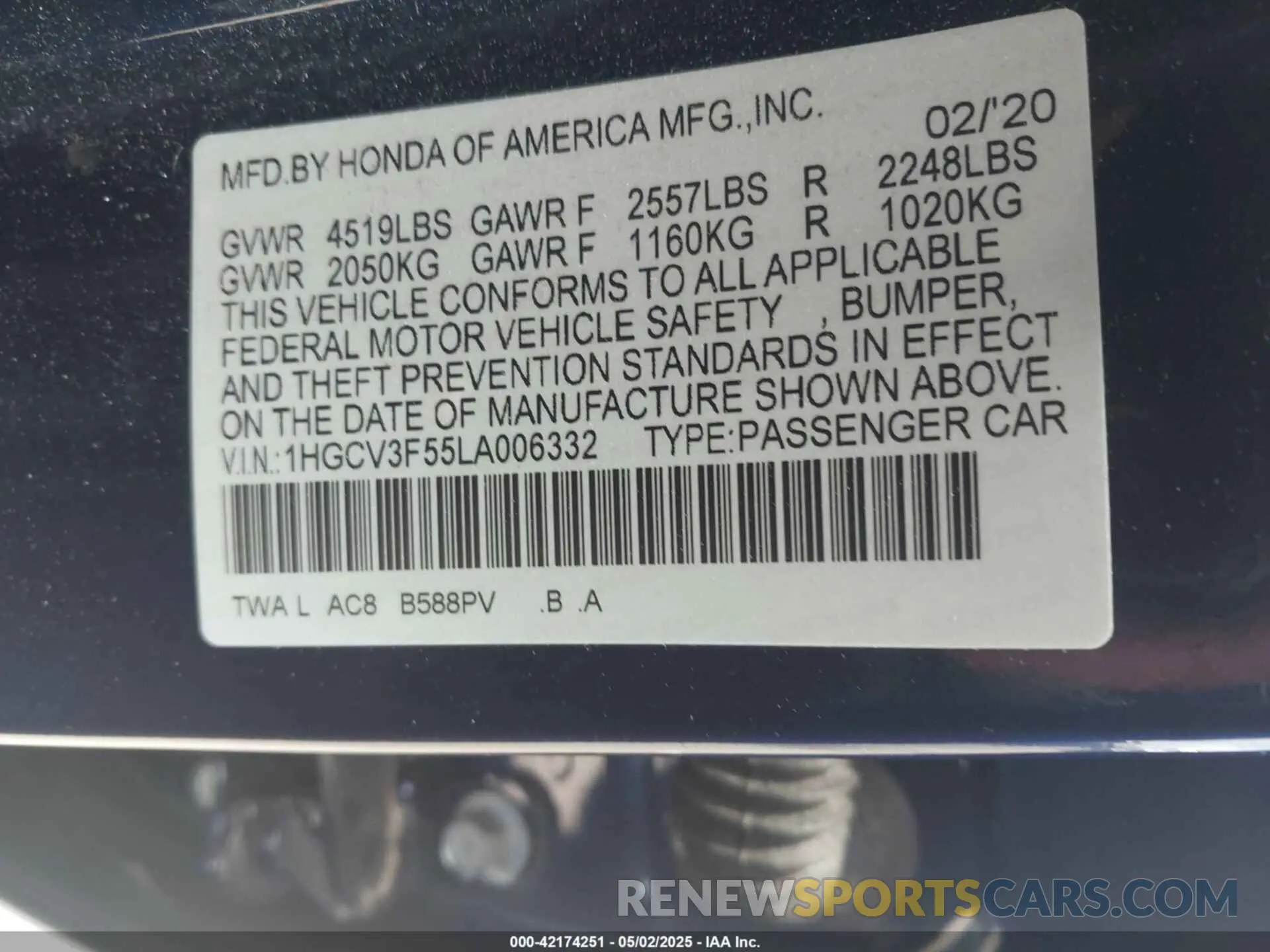 9 Photograph of a damaged car 1HGCV3F55LA006332 HONDA ACCORD 2020