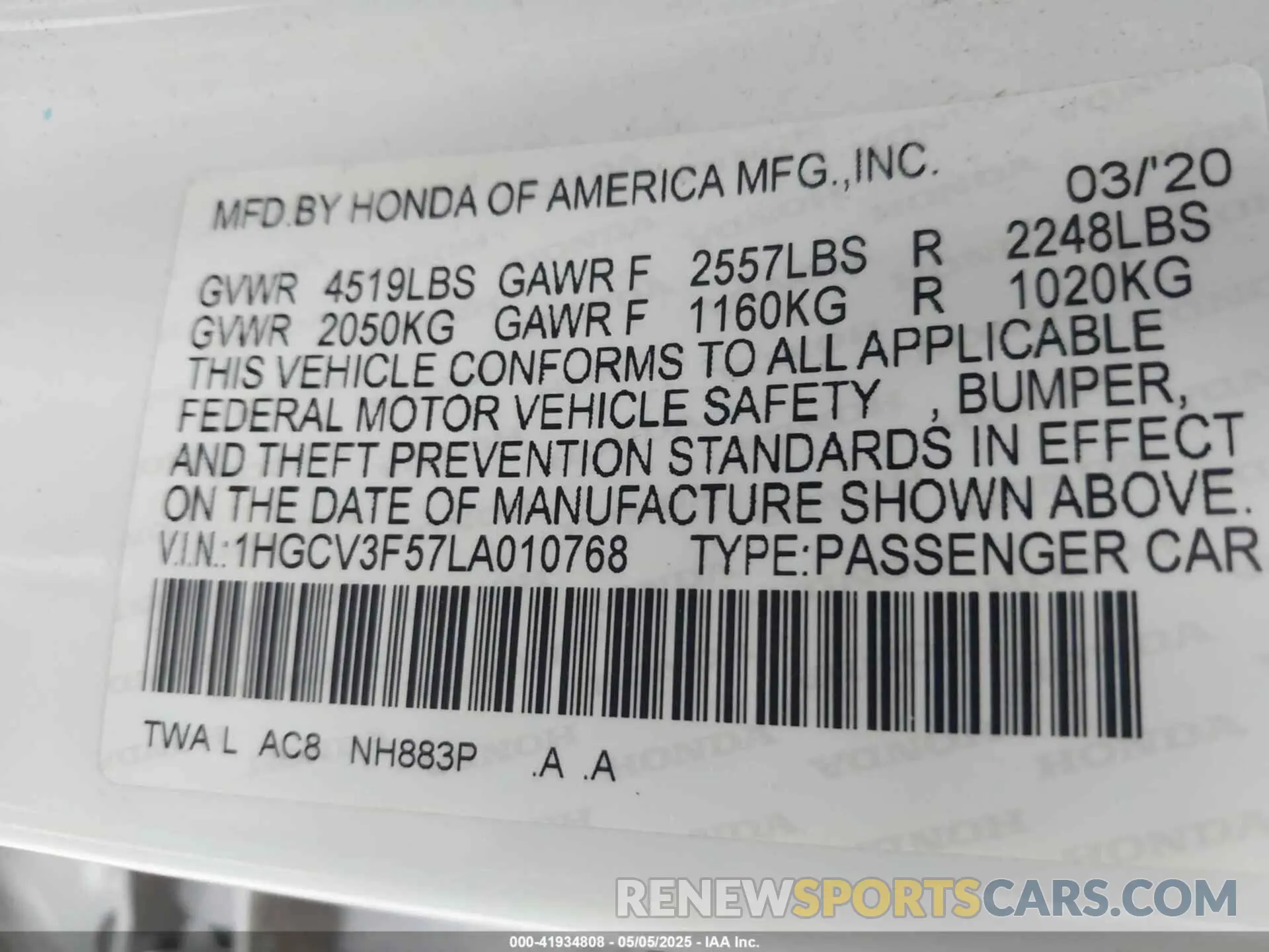 9 Photograph of a damaged car 1HGCV3F57LA010768 HONDA ACCORD 2020