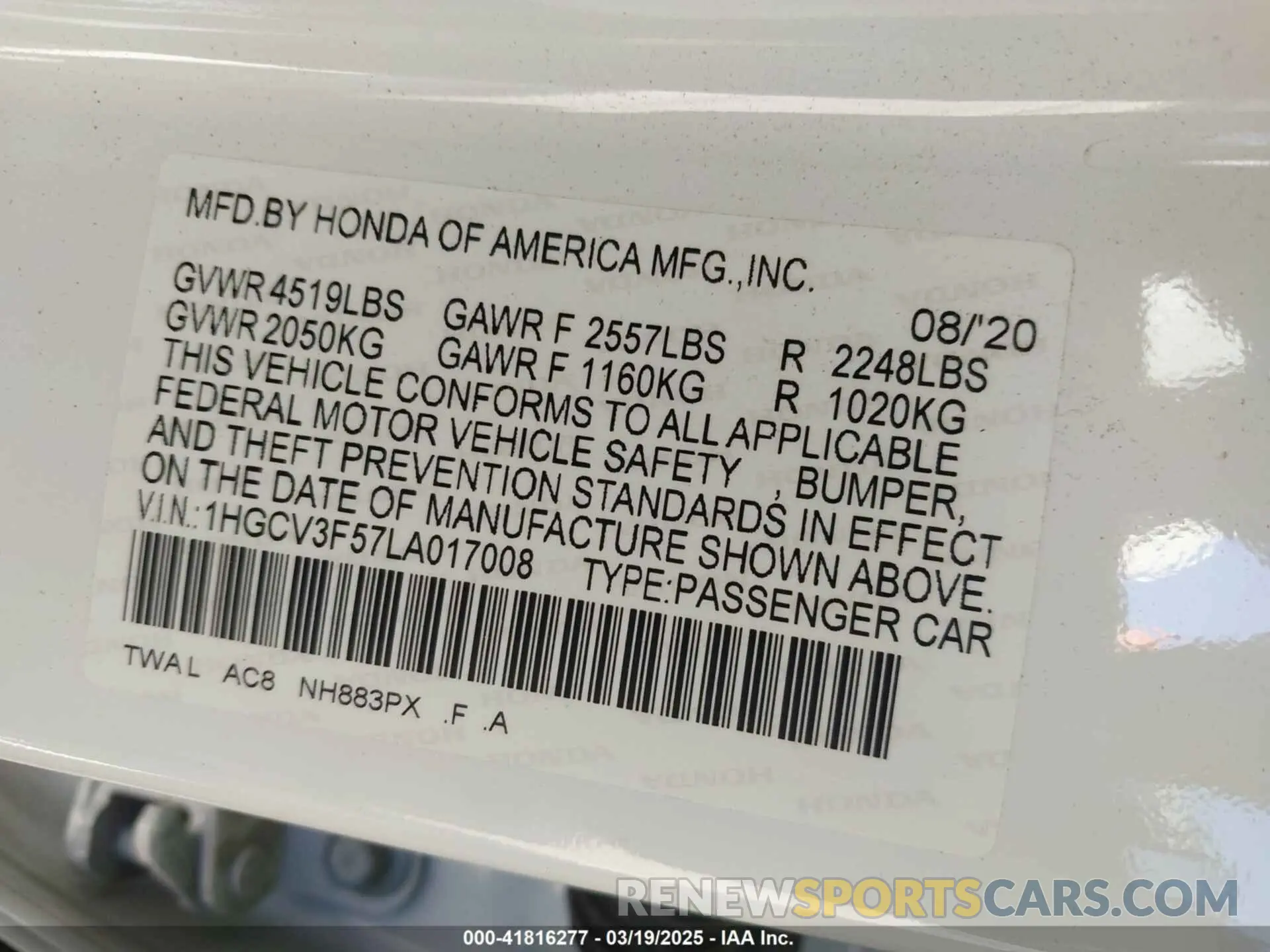 9 Photograph of a damaged car 1HGCV3F57LA017008 HONDA ACCORD 2020
