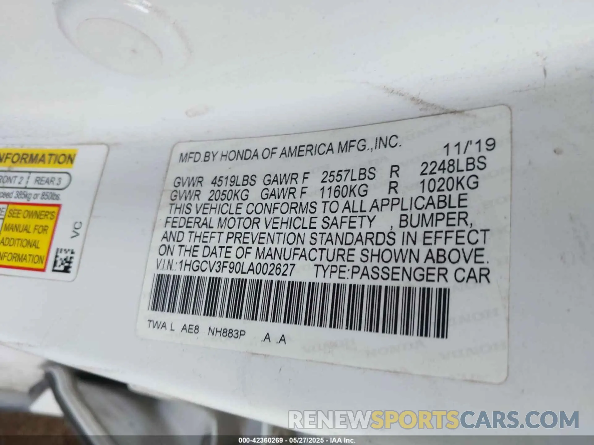 9 Photograph of a damaged car 1HGCV3F90LA002627 HONDA ACCORD 2020