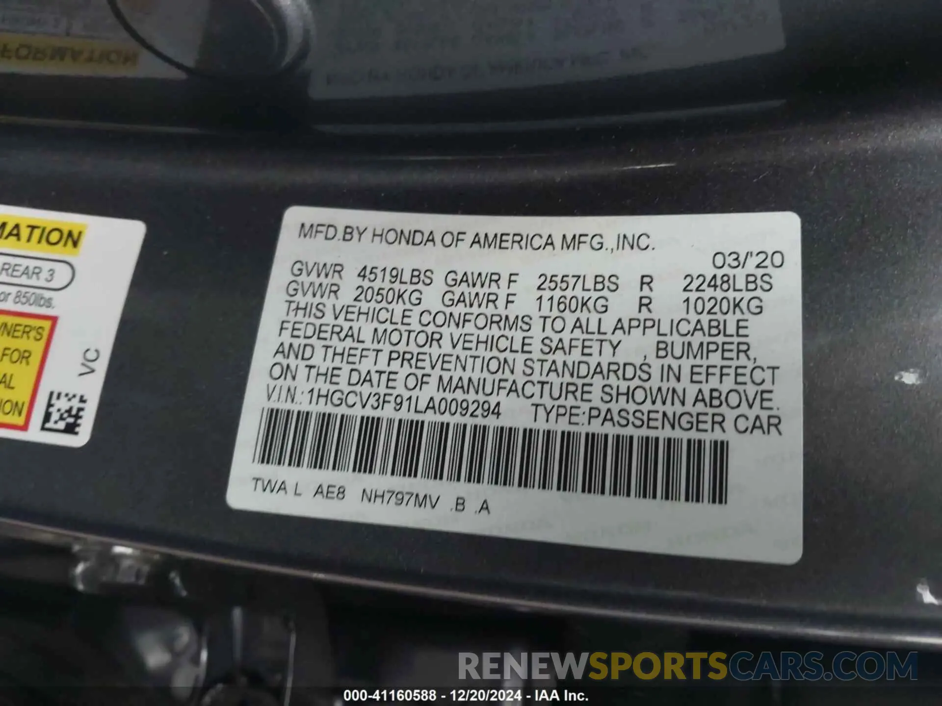 9 Photograph of a damaged car 1HGCV3F91LA009294 HONDA ACCORD 2020