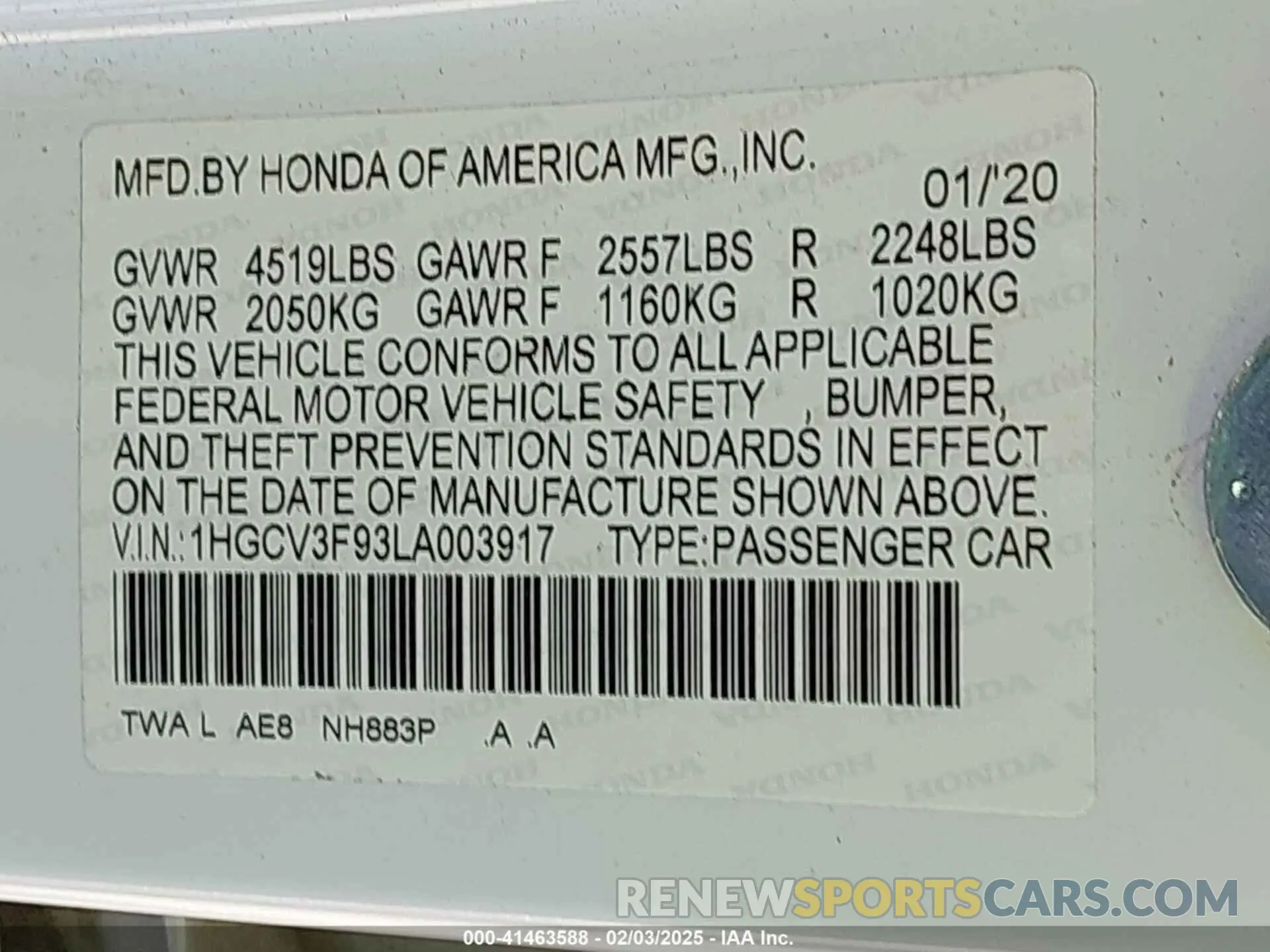 9 Photograph of a damaged car 1HGCV3F93LA003917 HONDA ACCORD 2020