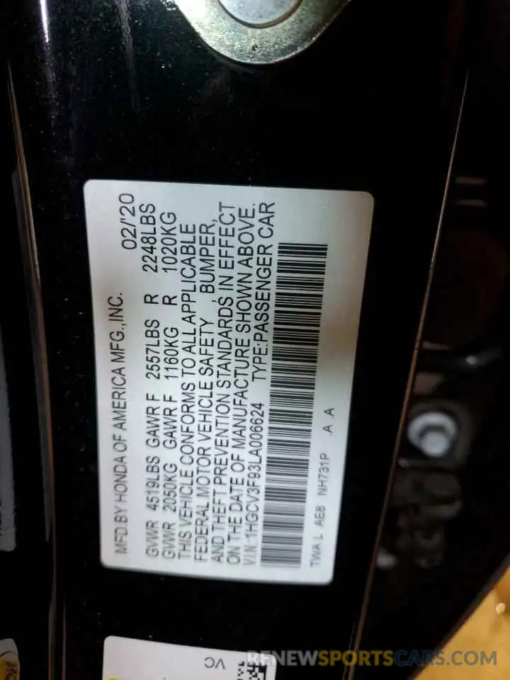 12 Photograph of a damaged car 1HGCV3F93LA006624 HONDA ACCORD 2020