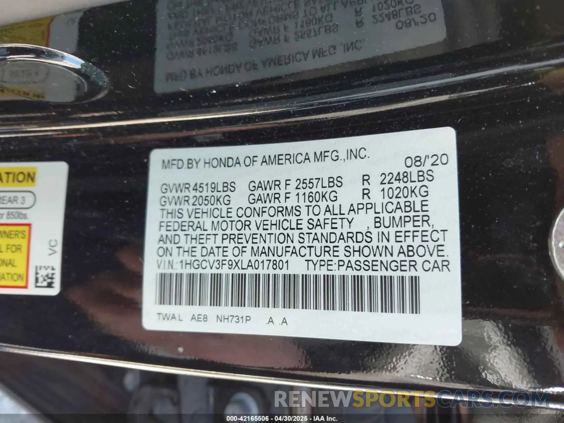 9 Photograph of a damaged car 1HGCV3F9XLA017801 HONDA ACCORD 2020