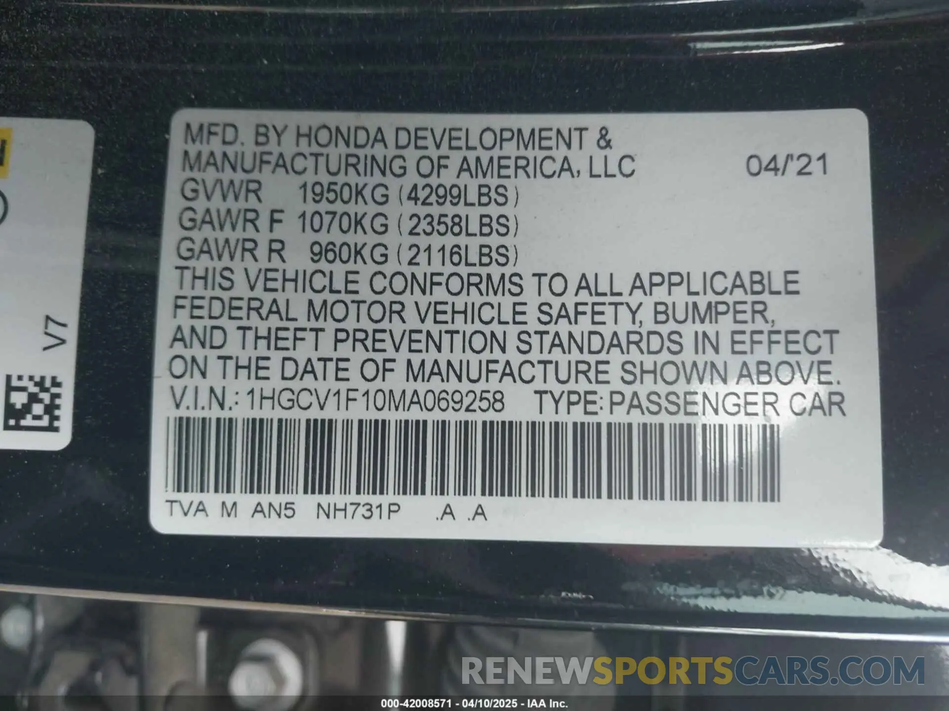 9 Photograph of a damaged car 1HGCV1F10MA069258 HONDA ACCORD 2021