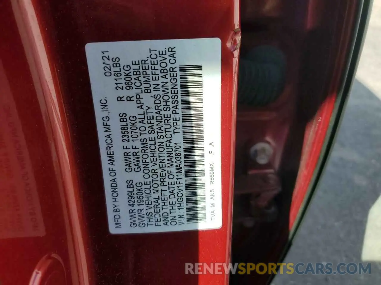 12 Photograph of a damaged car 1HGCV1F11MA038701 HONDA ACCORD 2021