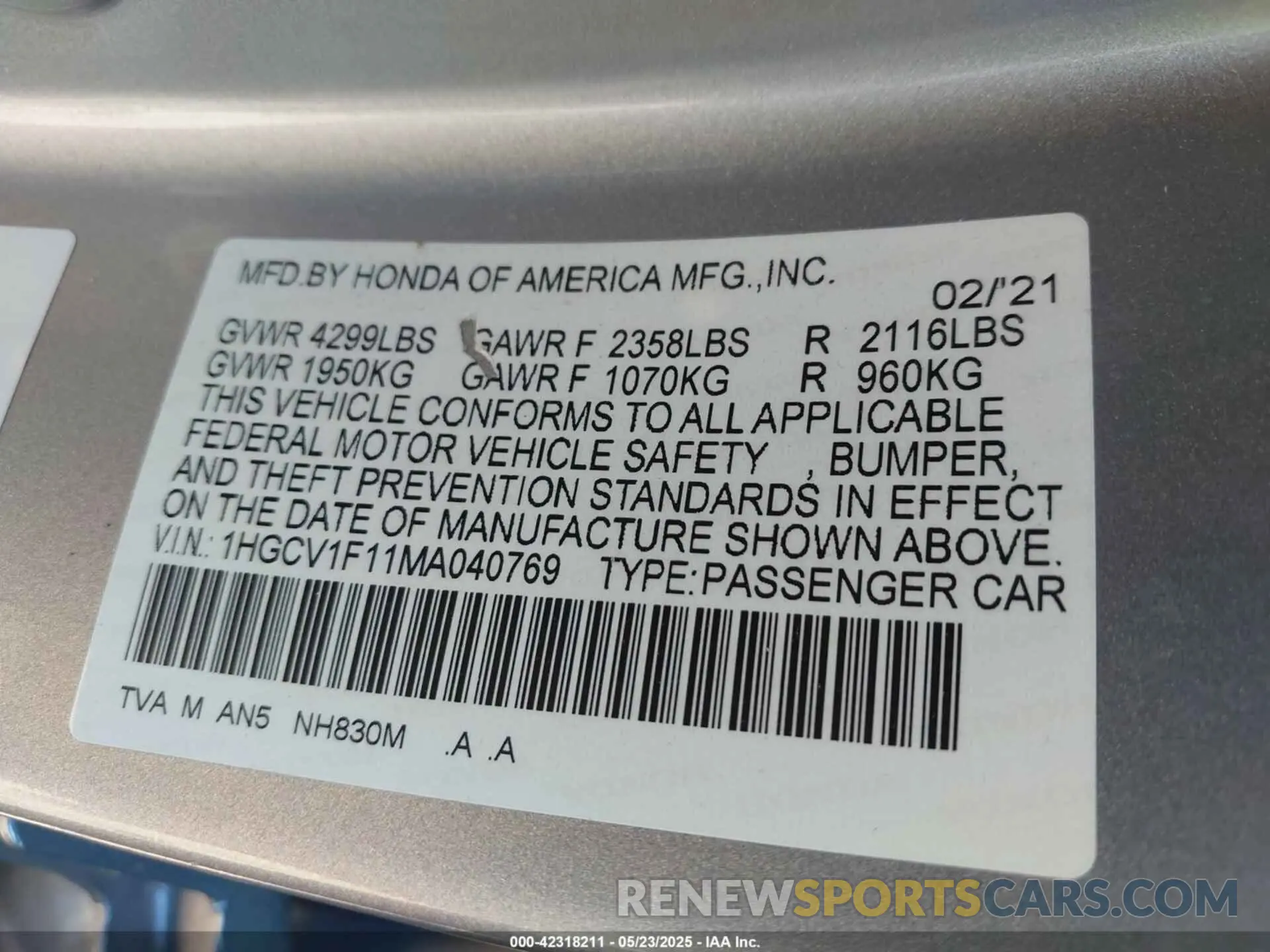 9 Photograph of a damaged car 1HGCV1F11MA040769 HONDA ACCORD 2021