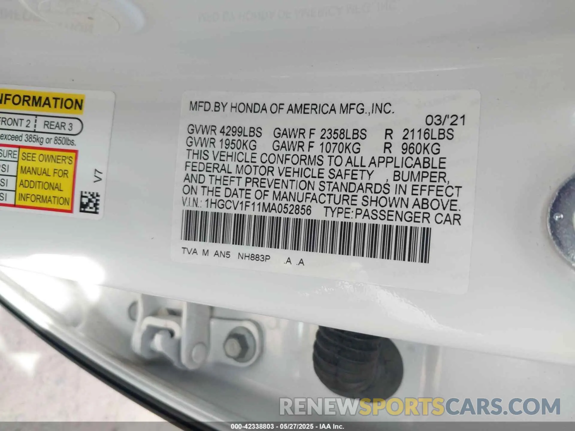 9 Photograph of a damaged car 1HGCV1F11MA052856 HONDA ACCORD 2021
