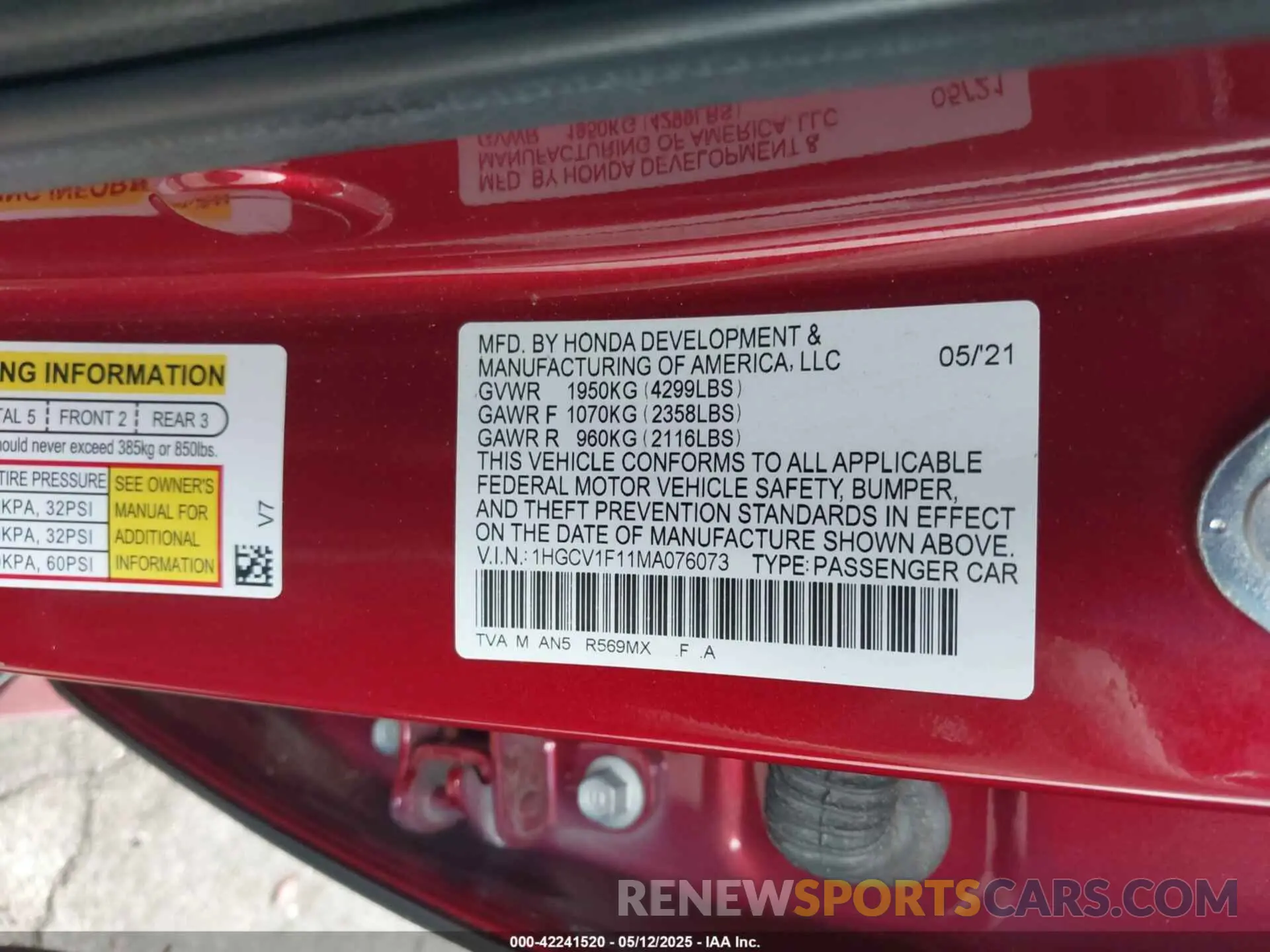 9 Photograph of a damaged car 1HGCV1F11MA076073 HONDA ACCORD 2021