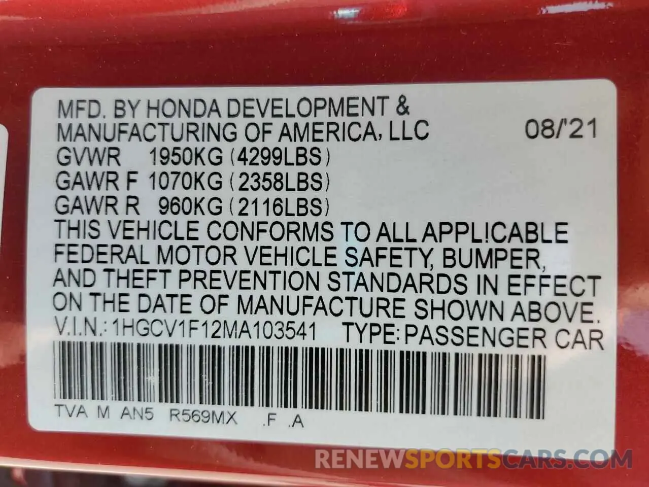 12 Photograph of a damaged car 1HGCV1F12MA103541 HONDA ACCORD 2021