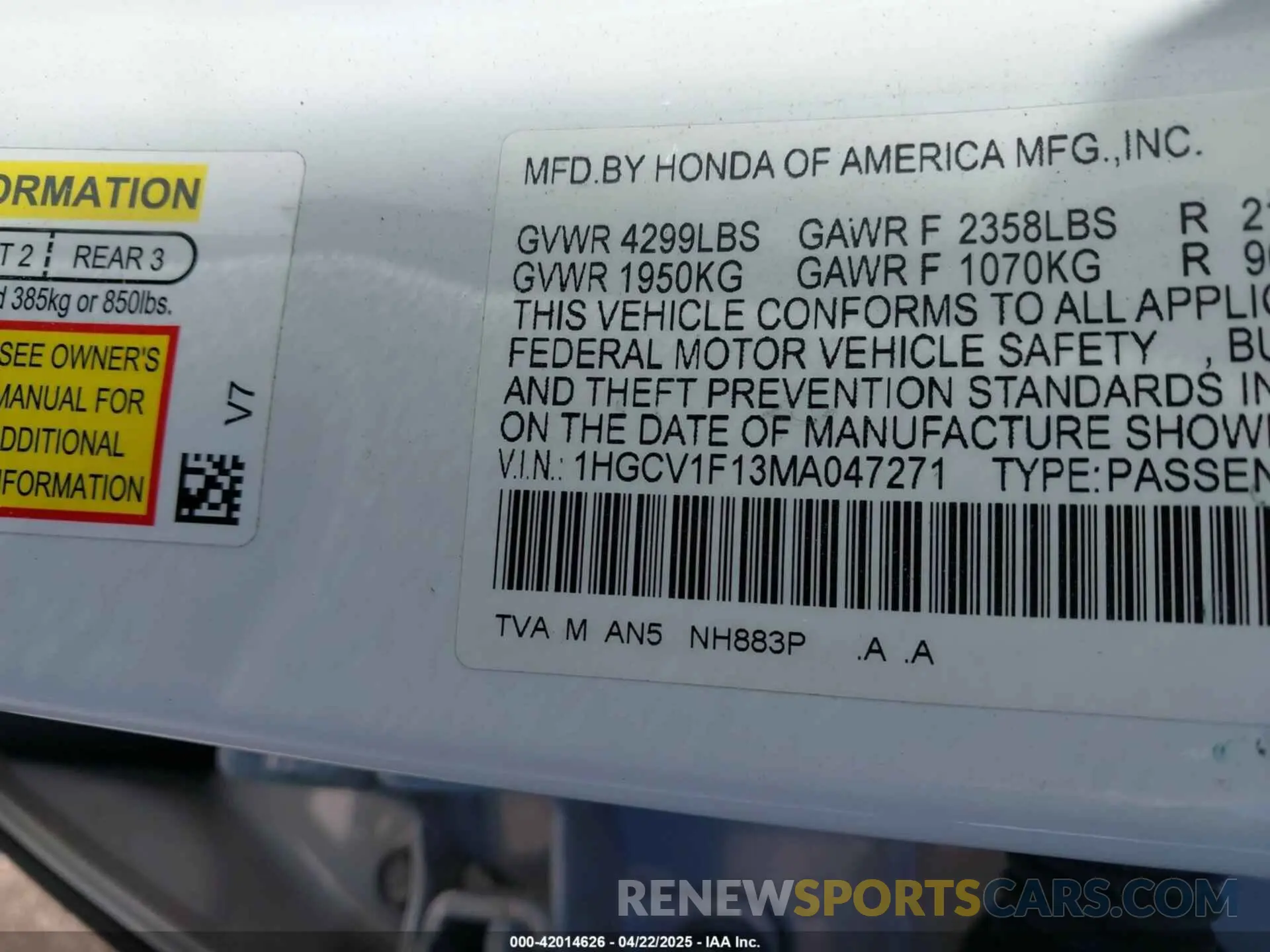 9 Photograph of a damaged car 1HGCV1F13MA047271 HONDA ACCORD 2021