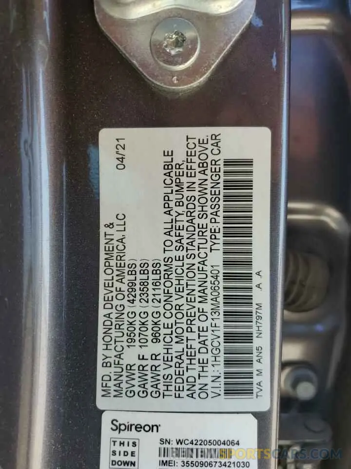 15 Photograph of a damaged car 1HGCV1F13MA065401 HONDA ACCORD 2021