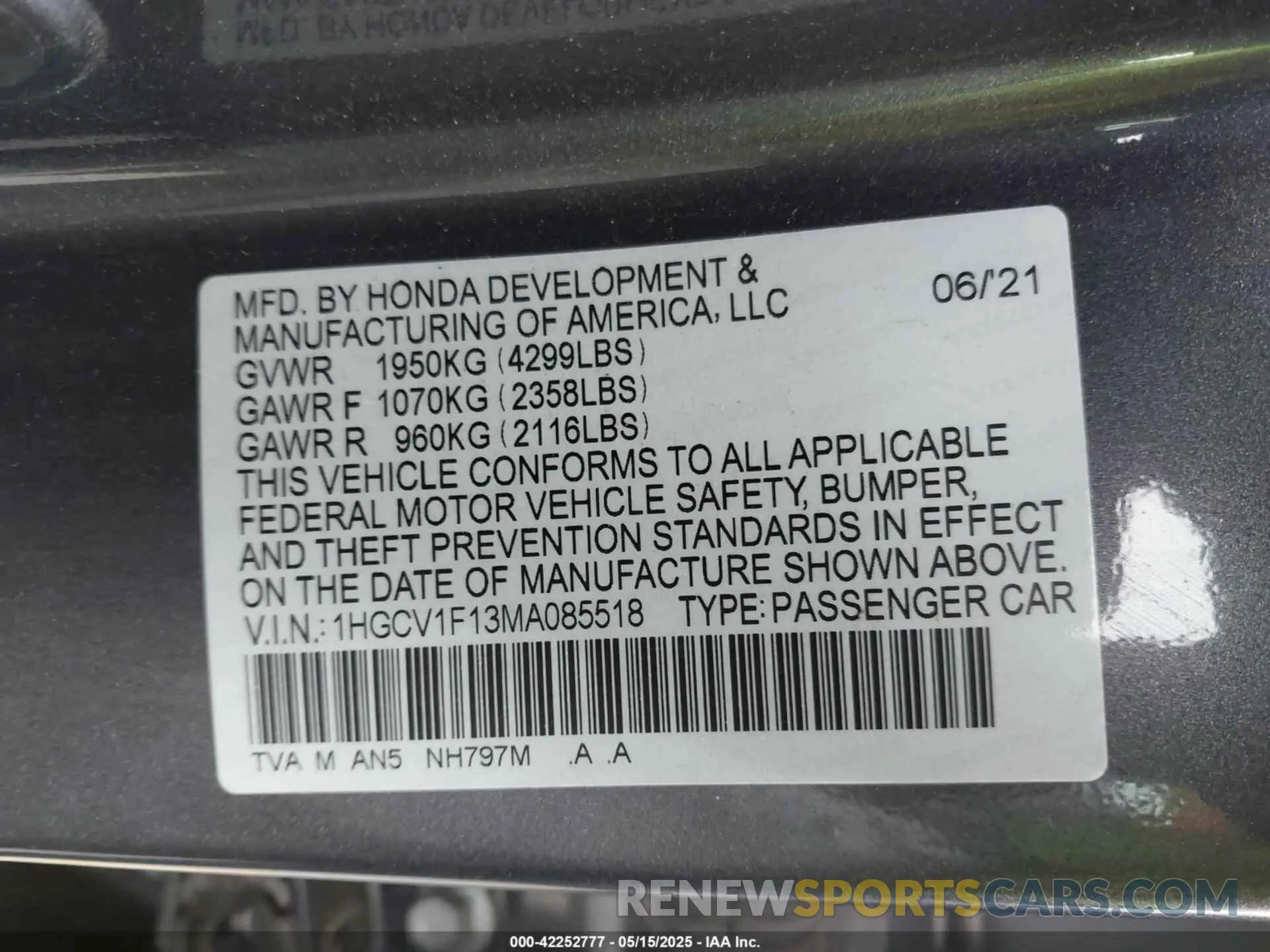 9 Photograph of a damaged car 1HGCV1F13MA085518 HONDA ACCORD 2021