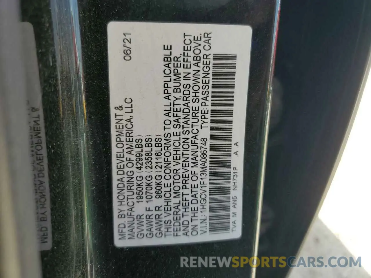 12 Photograph of a damaged car 1HGCV1F13MA086748 HONDA ACCORD 2021