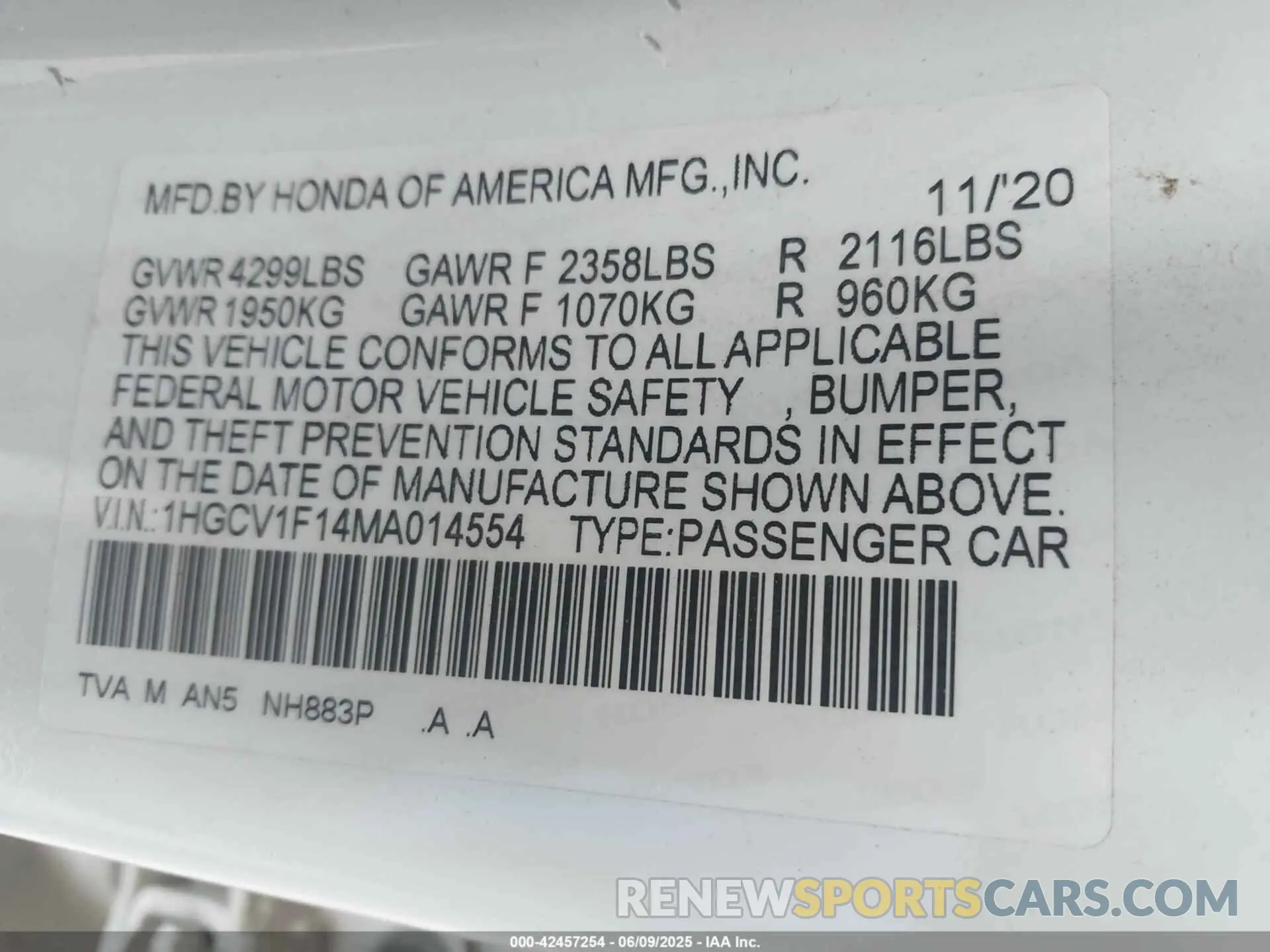 9 Photograph of a damaged car 1HGCV1F14MA014554 HONDA ACCORD 2021