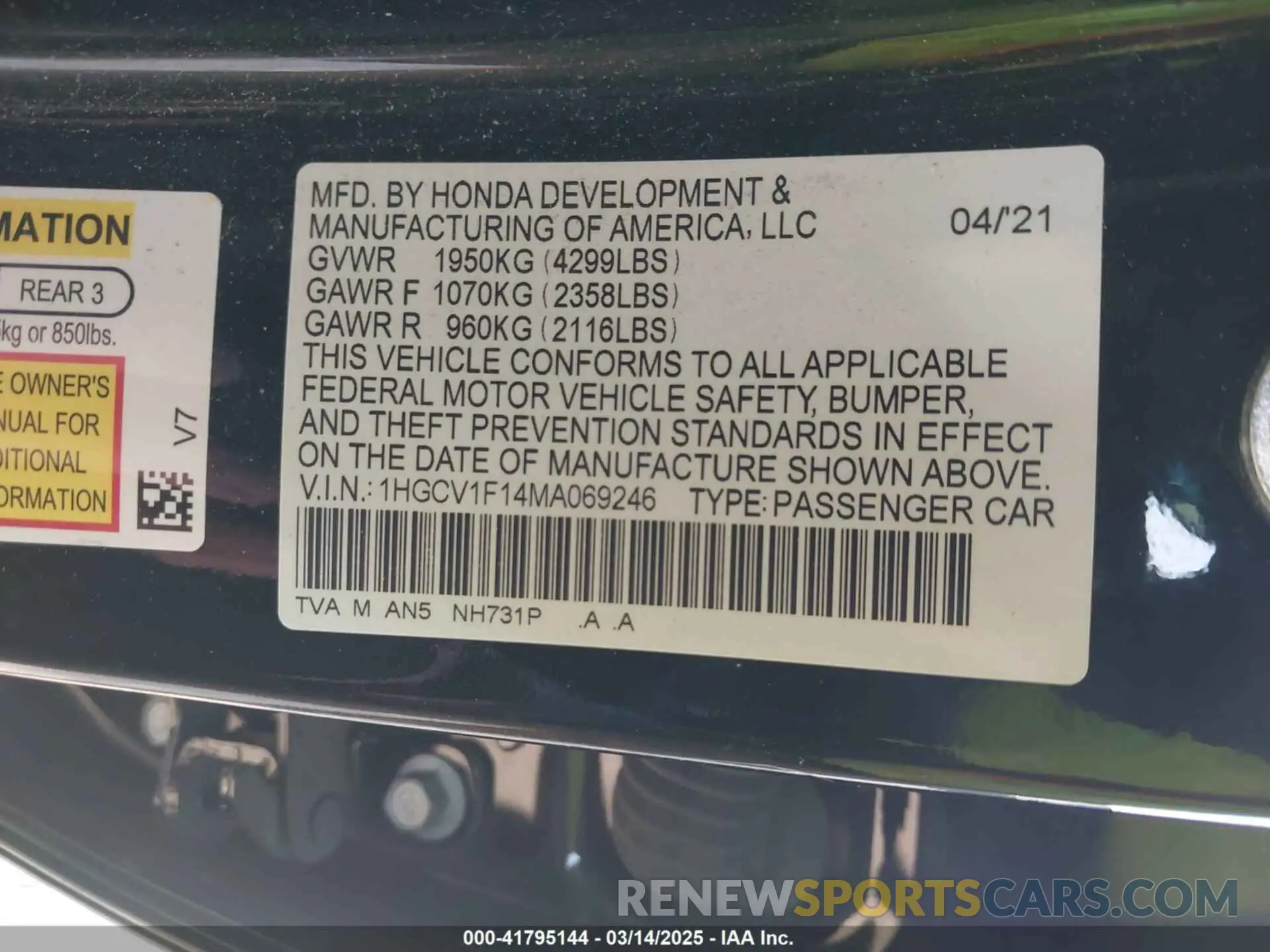 9 Photograph of a damaged car 1HGCV1F14MA069246 HONDA ACCORD 2021