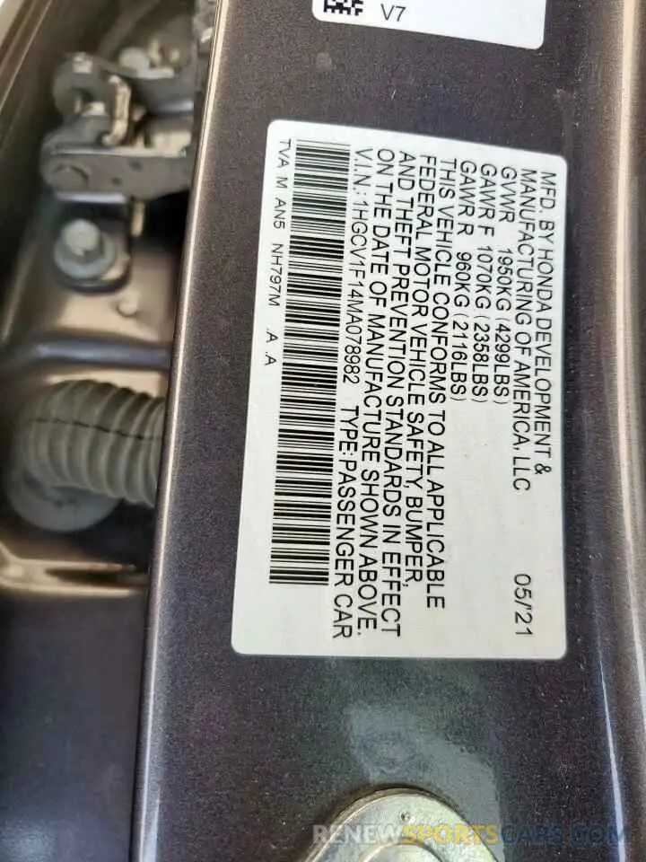 12 Photograph of a damaged car 1HGCV1F14MA078982 HONDA ACCORD 2021