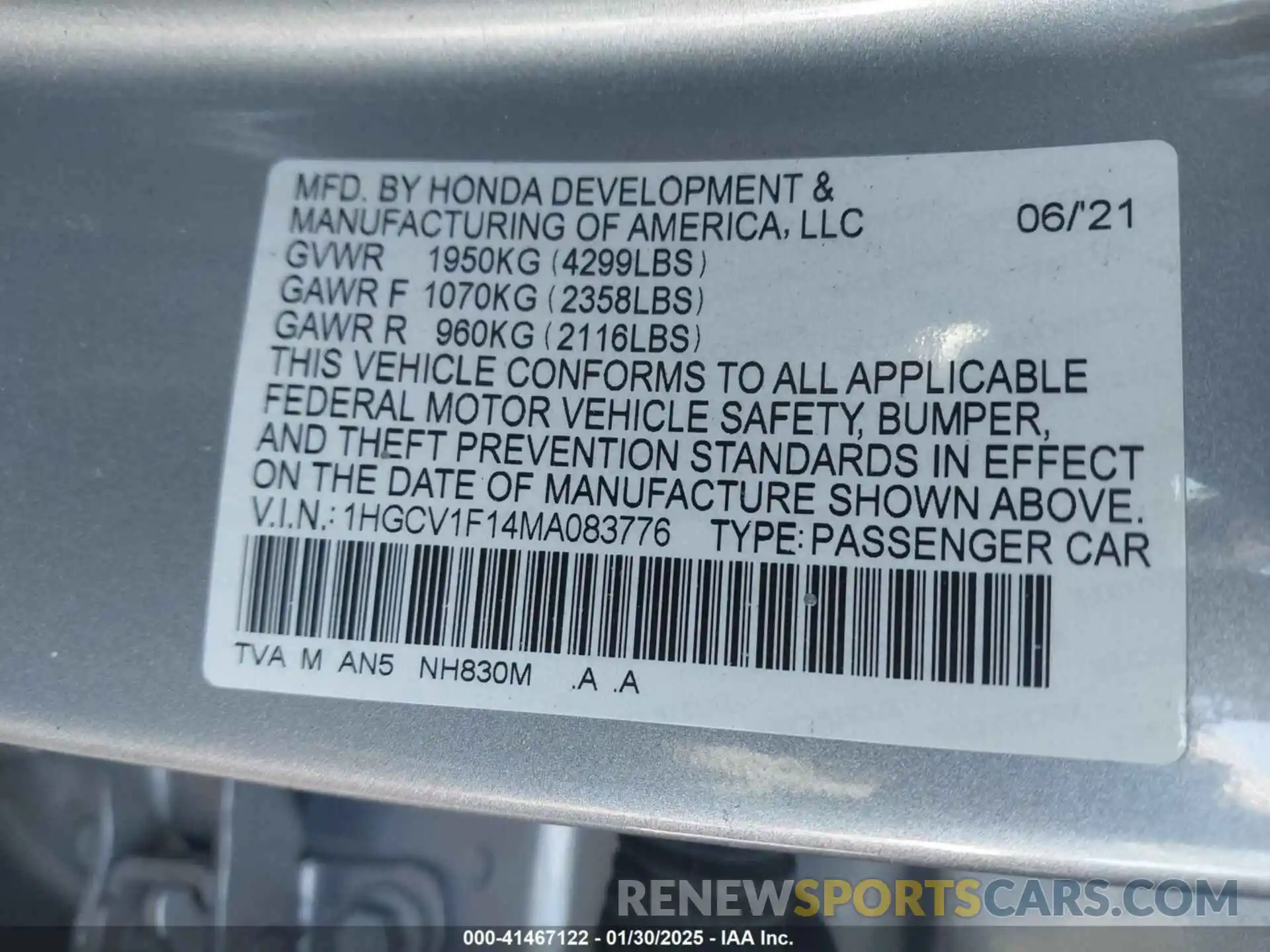 9 Photograph of a damaged car 1HGCV1F14MA083776 HONDA ACCORD 2021