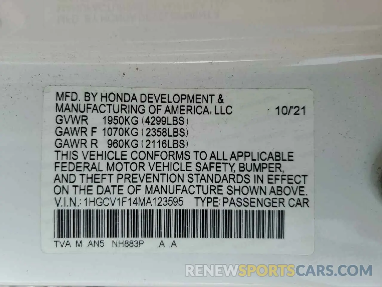 14 Photograph of a damaged car 1HGCV1F14MA123595 HONDA ACCORD 2021