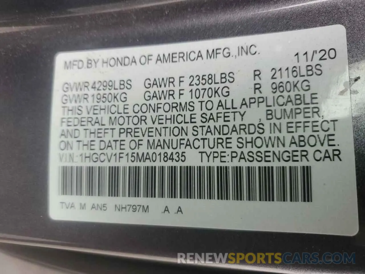12 Photograph of a damaged car 1HGCV1F15MA018435 HONDA ACCORD 2021