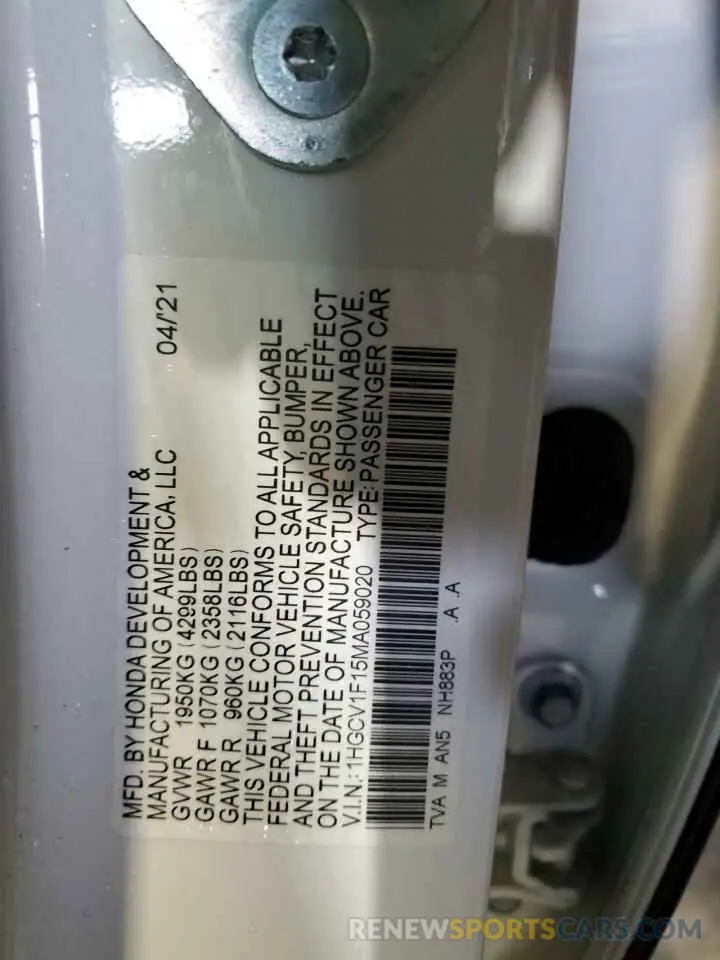 13 Photograph of a damaged car 1HGCV1F15MA059020 HONDA ACCORD 2021