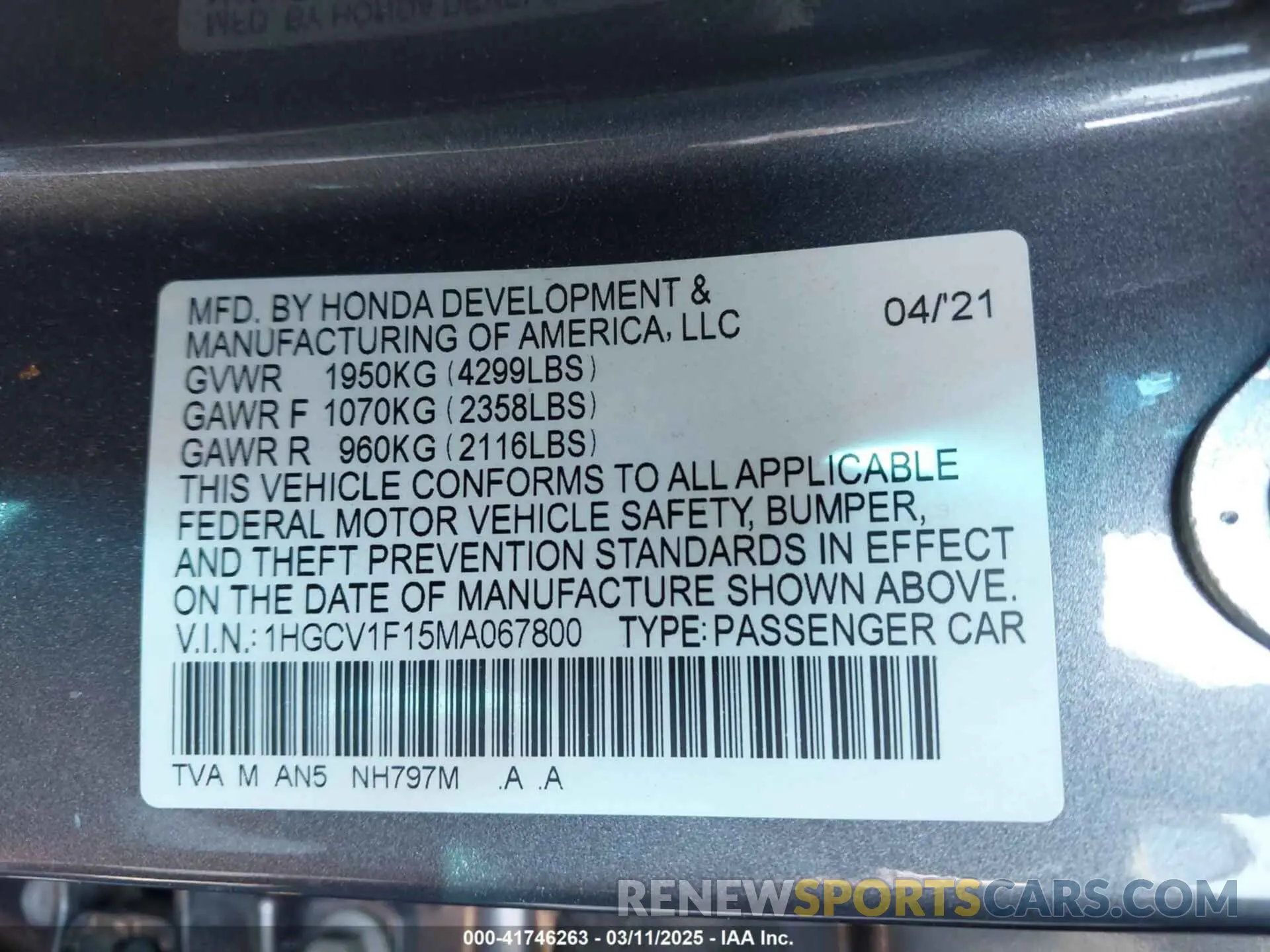 9 Photograph of a damaged car 1HGCV1F15MA067800 HONDA ACCORD 2021